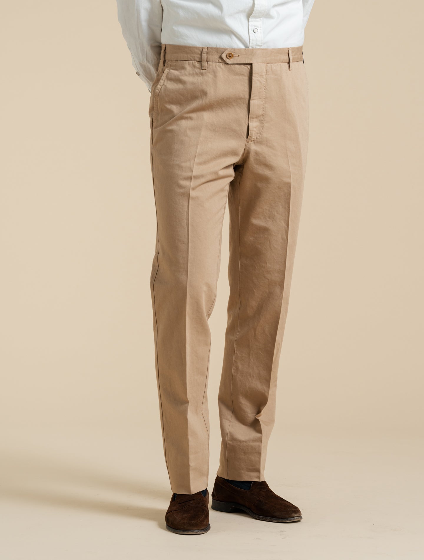 190 Flat Front Cotton Linen Trousers Beige Rota Trousers 48
