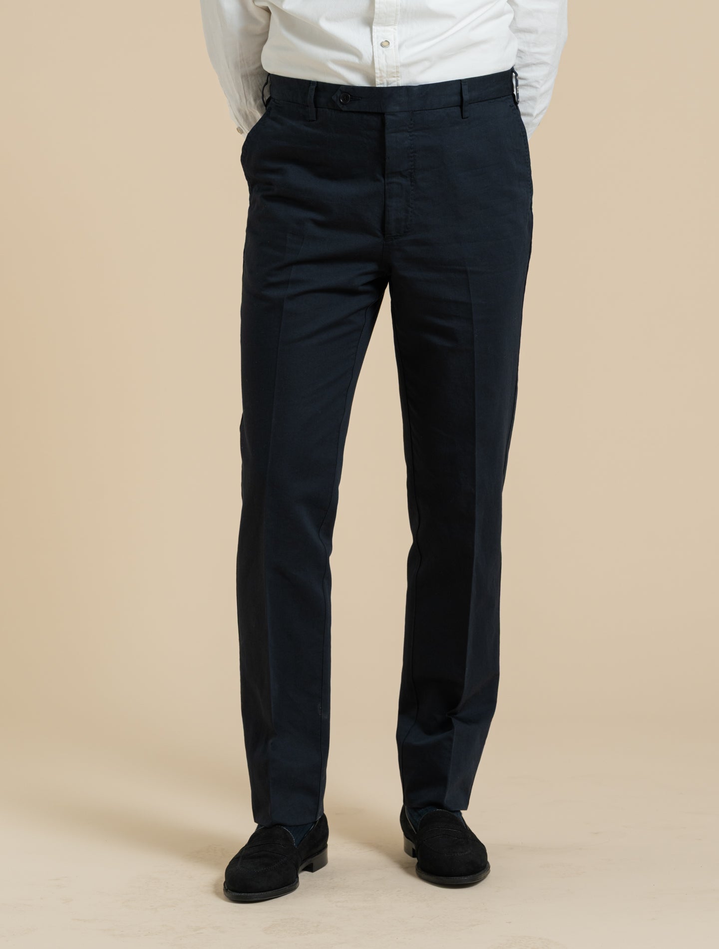 190 Flat Front Cotton Linen Trousers Navy Rota Trousers 48
