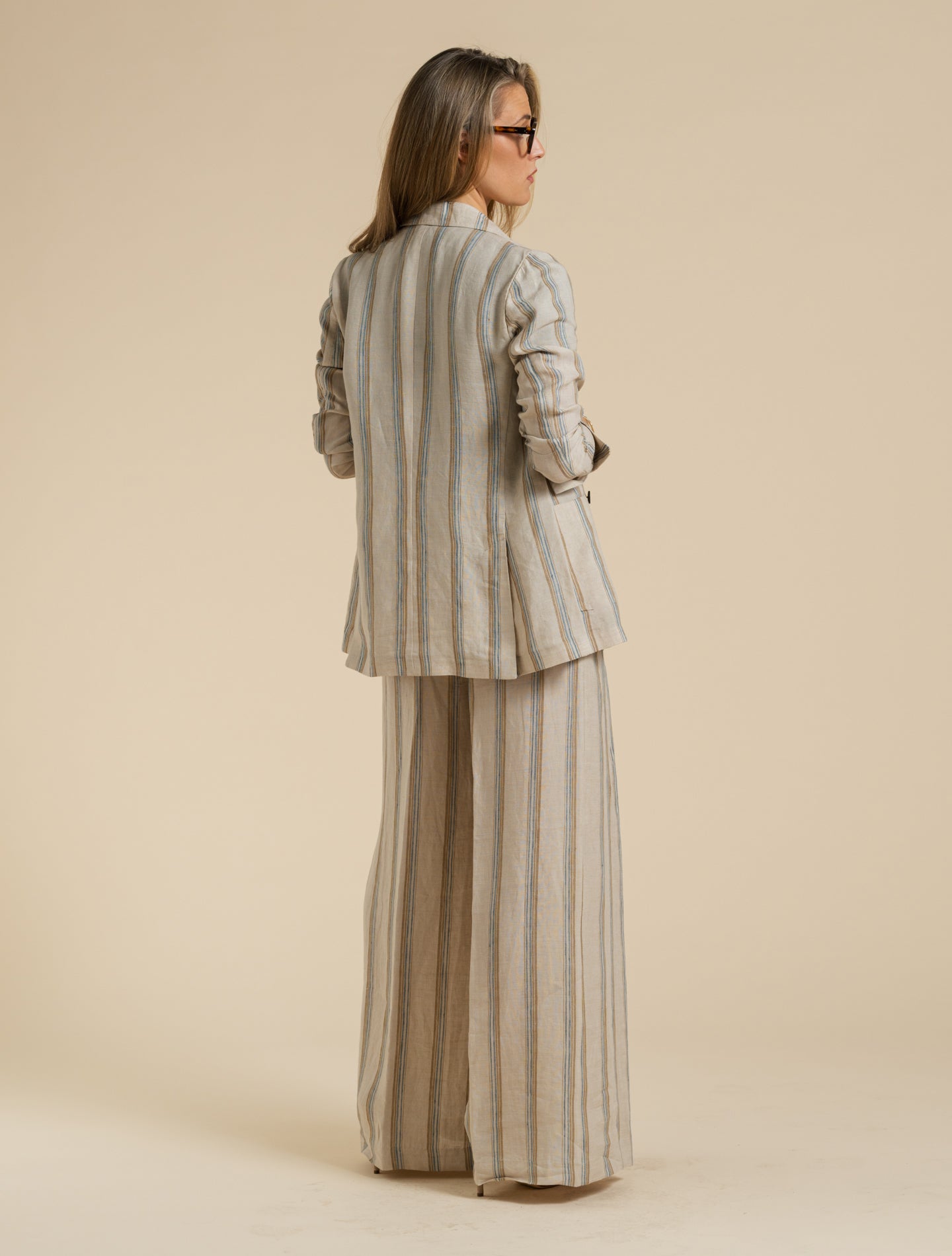 Dubbelknäppt Jacka I Linne Med Ränder Beige