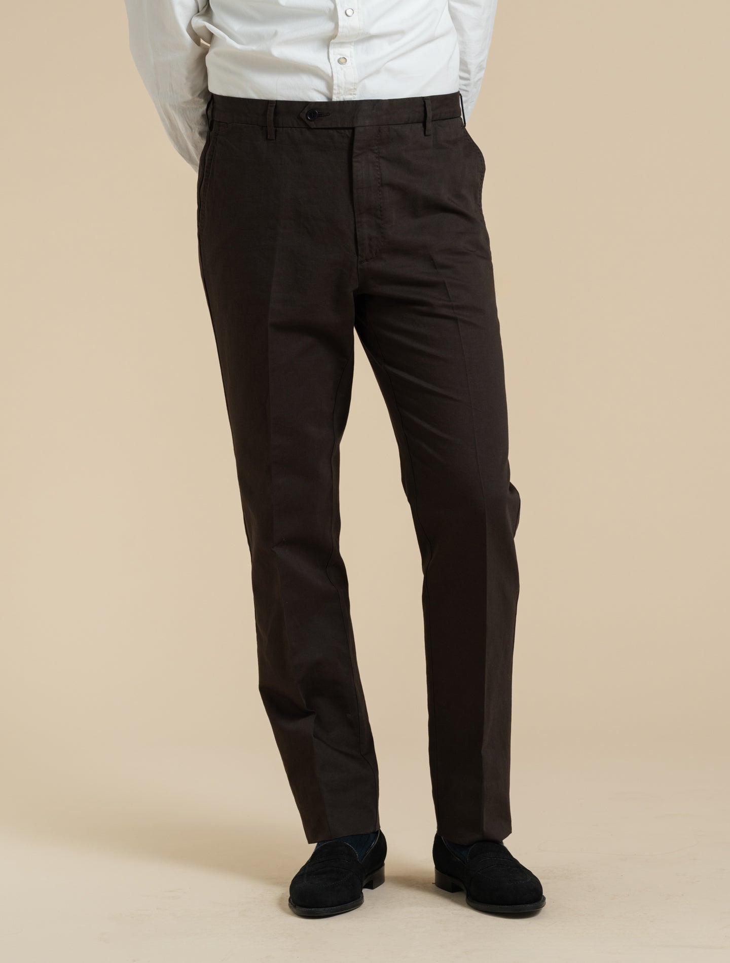 190 Flat Front Cotton Linen Trousers Brown