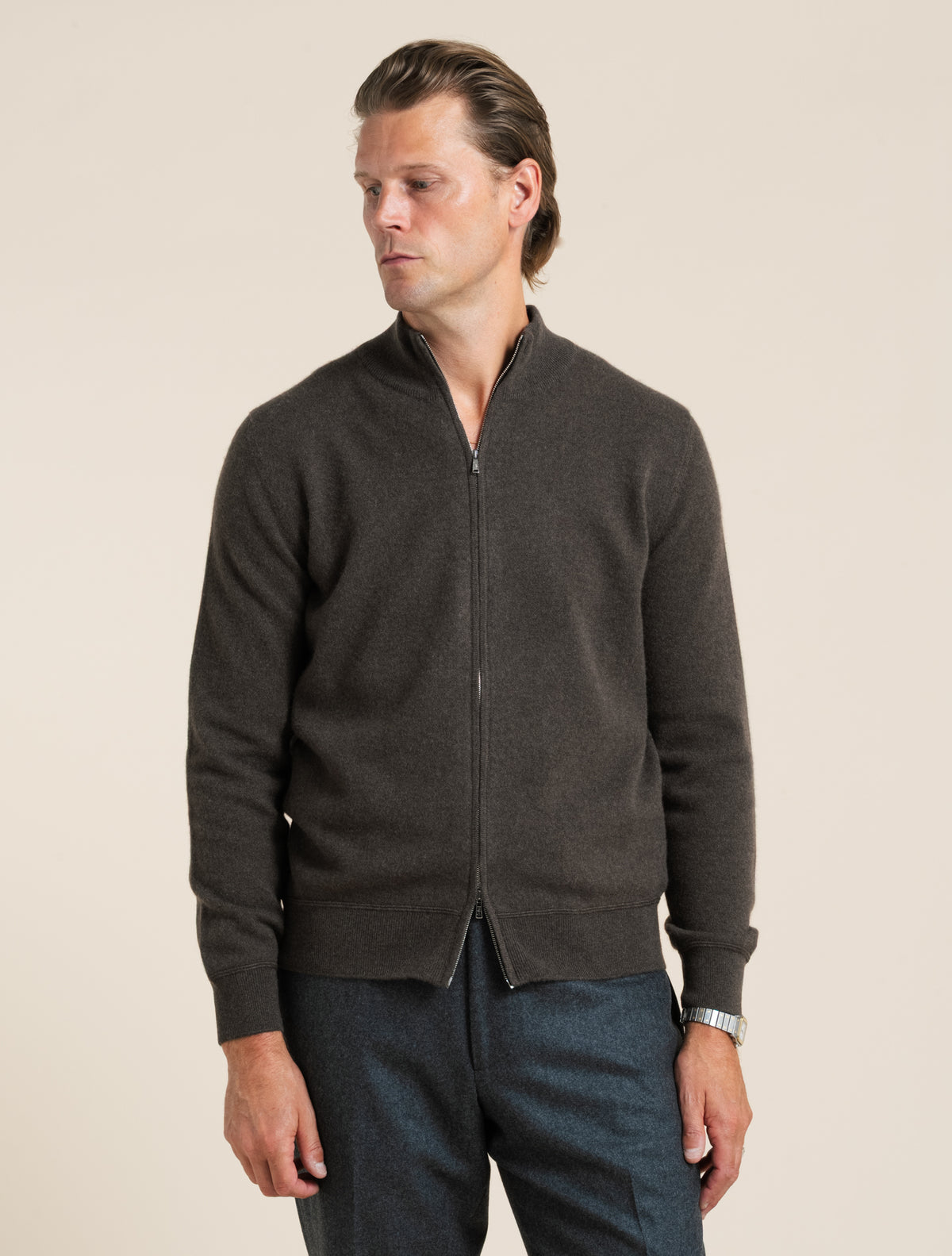 Cashmere Full Zip Bomber Dark Brown