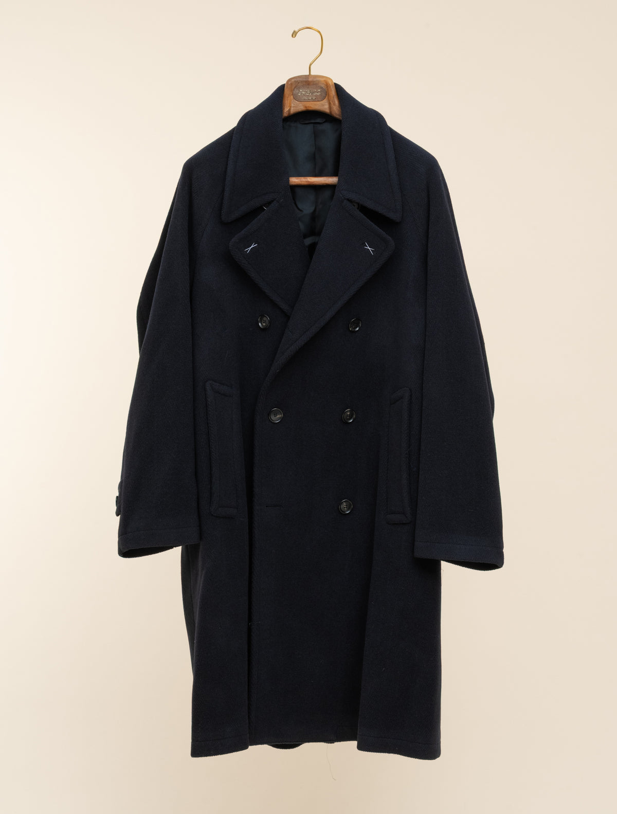 Double Breasted Herringbone Wool Coat Navy