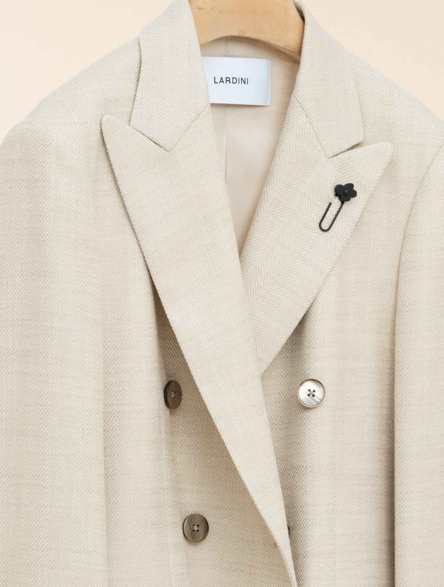 Double Breasted Wool Silk Herringbone Jacket Beige