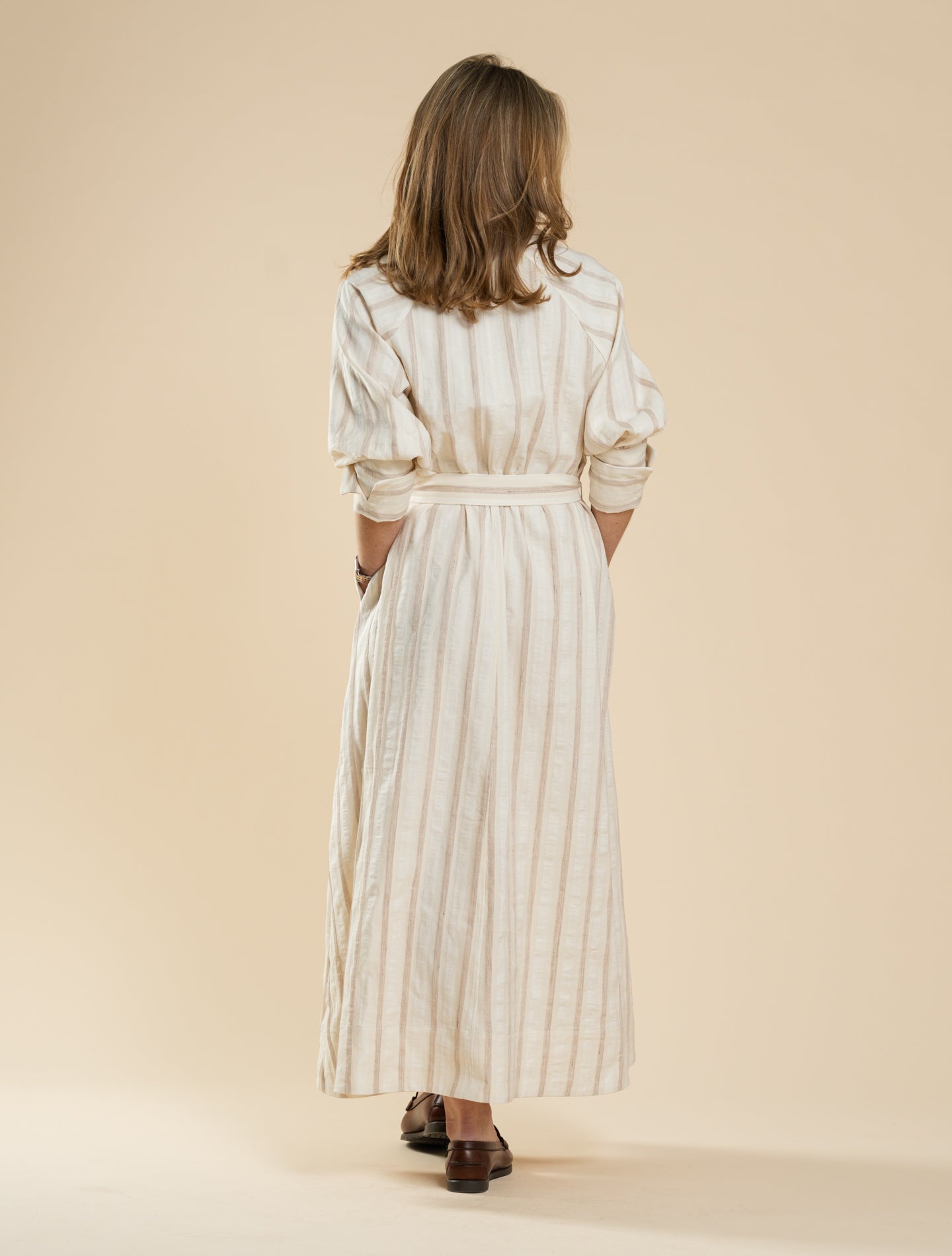 Striped Belted Cotton Linen Dress Beige