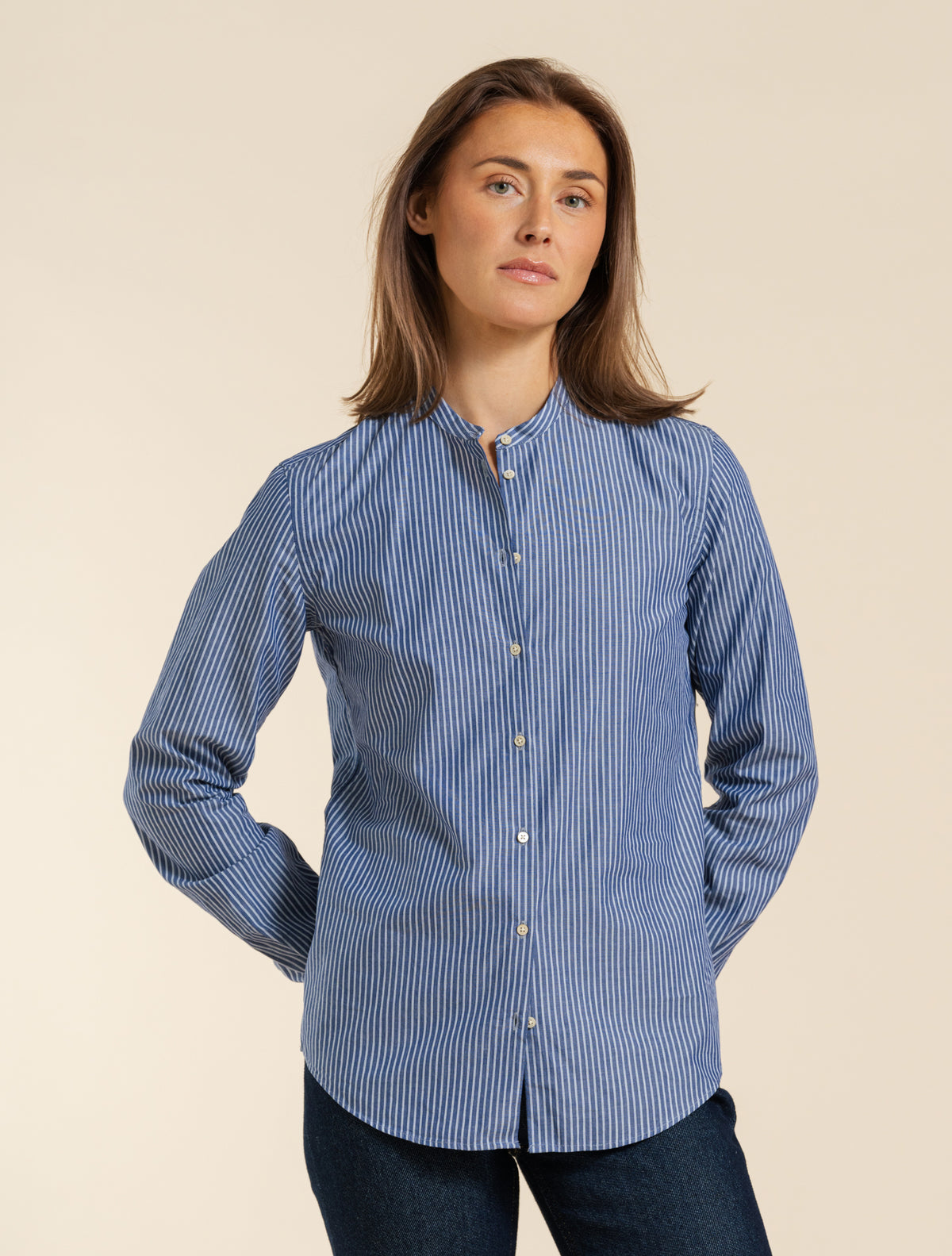 Multistriped Mandarin Collar Shirt Blue