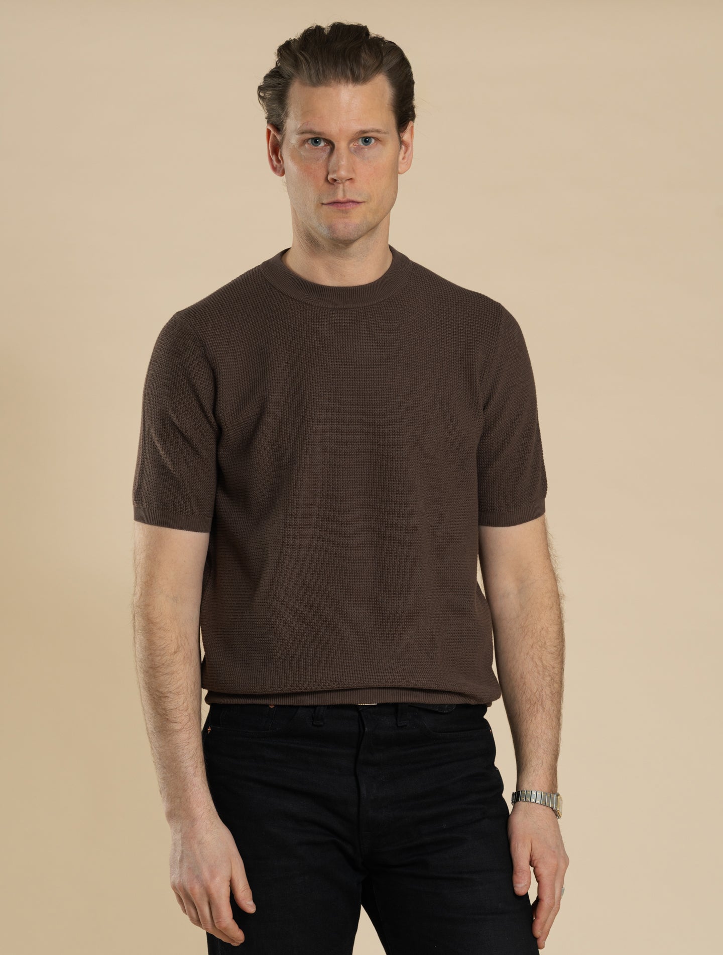 Cotton Structured Crewneck Short Sleeve Marrone