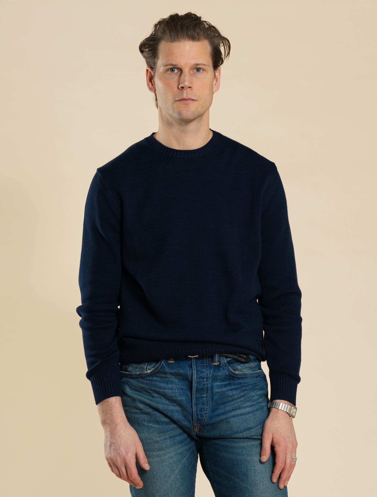 Stickad Rundhalsad Tröja i Bomull Marinblå