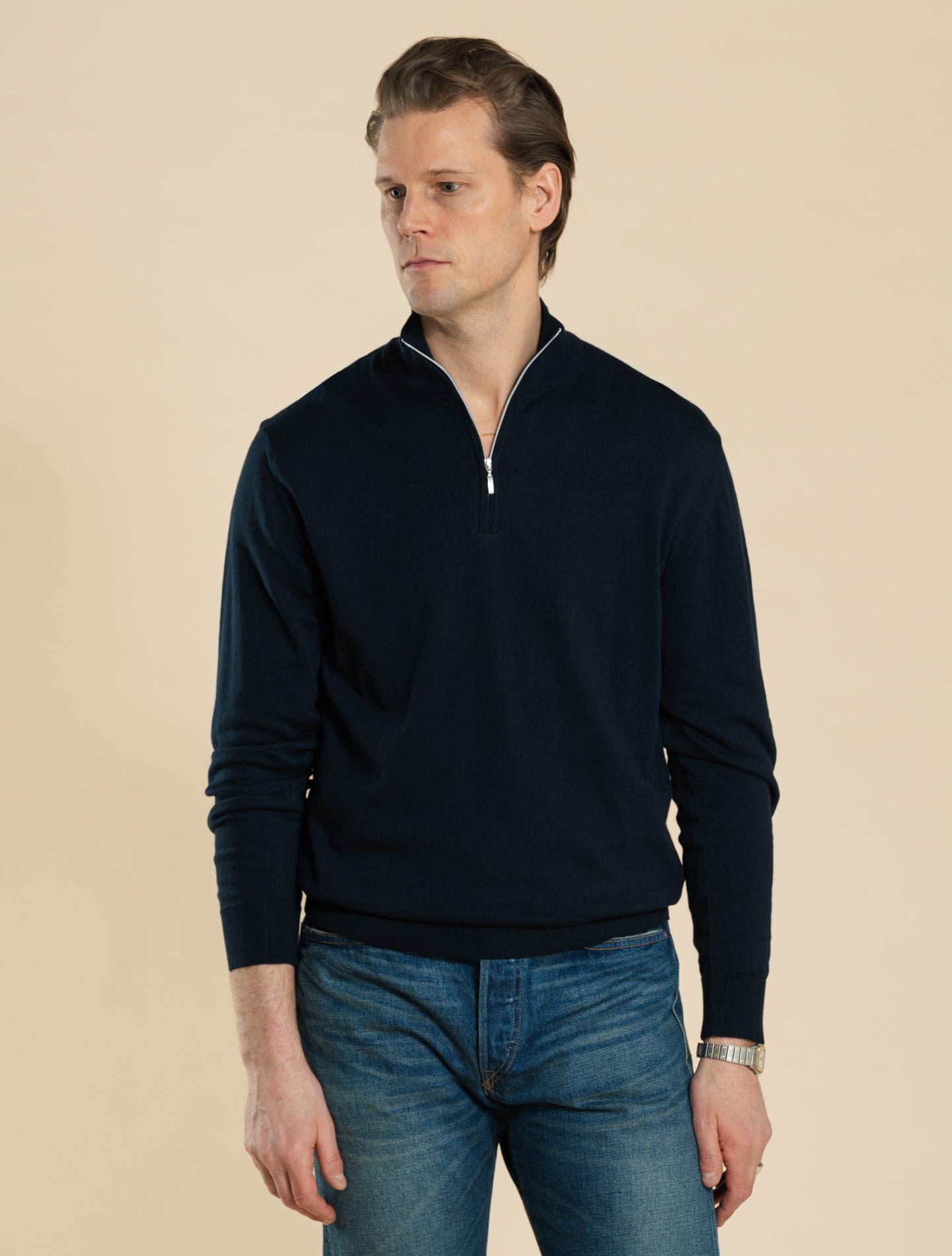 Light Knitted Cotton Cashmere 1/4 Zip Sweater Navy