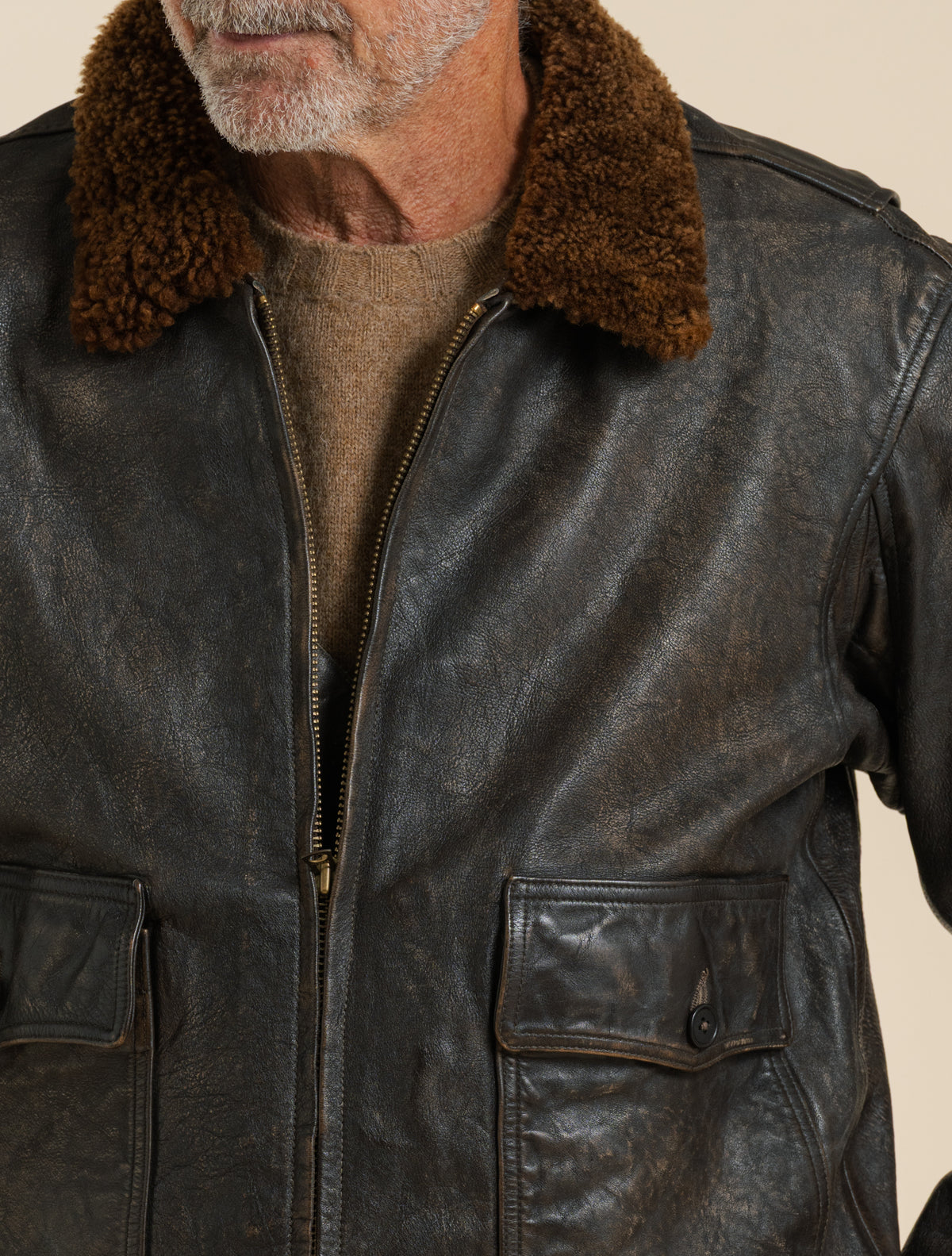 Lammfellkragen-Lederfliegerjacke Vintage Braun