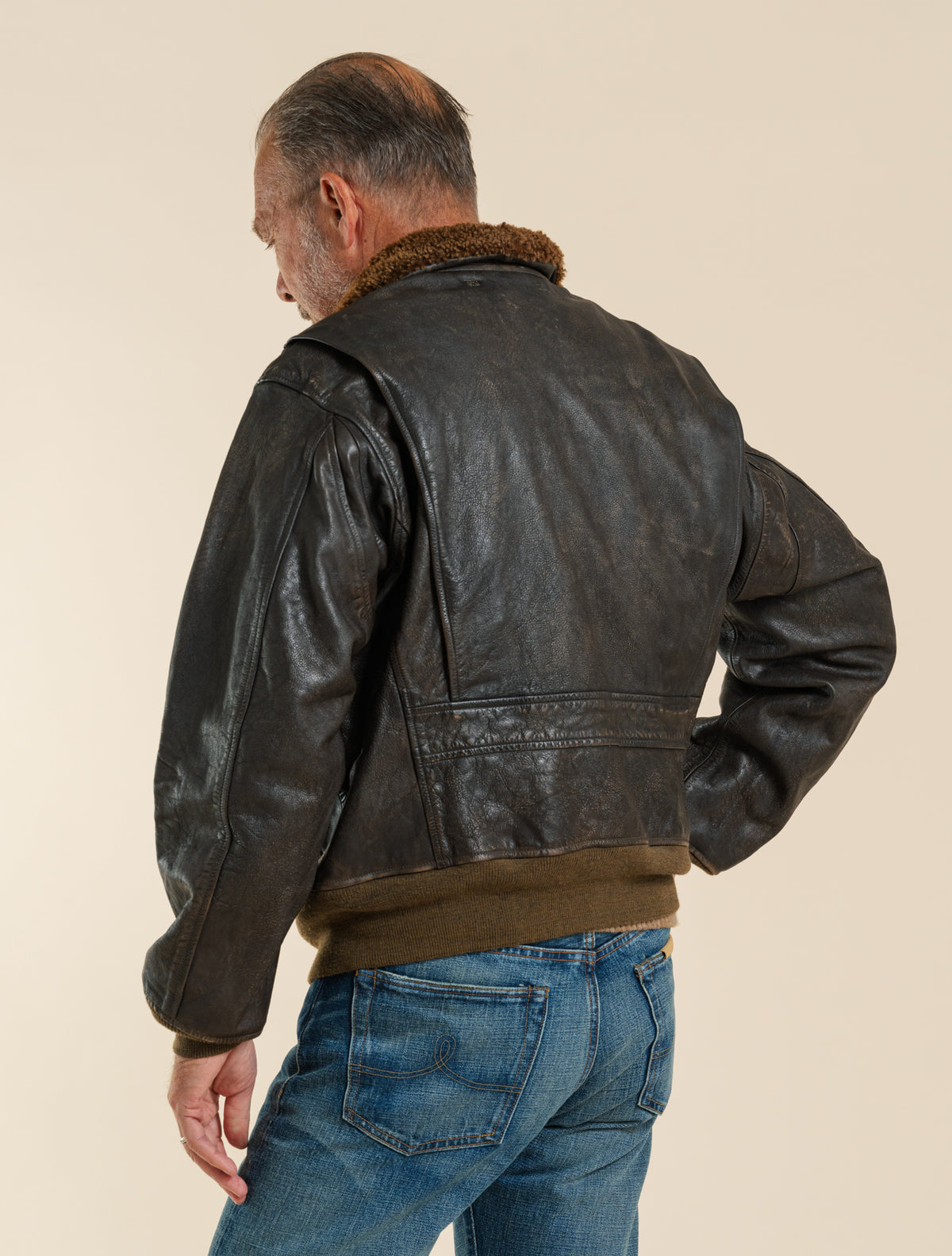 Lammfellkragen-Lederfliegerjacke Vintage Braun