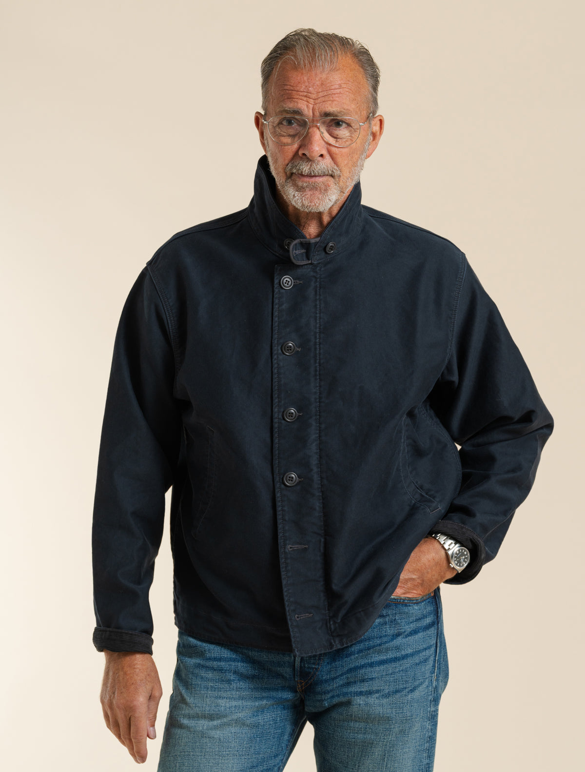 Corduroy-Collar Cotton Deck Jacket Dark Navy