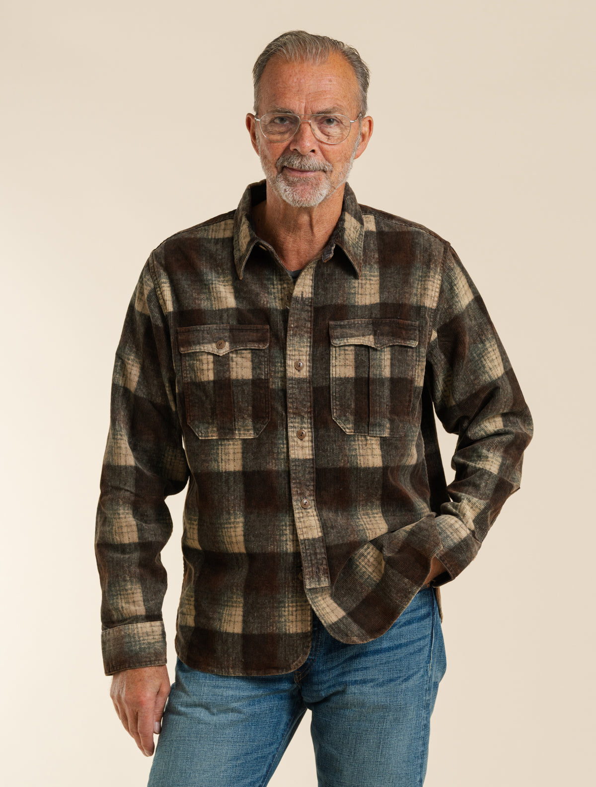 Plaid-Print Corduroy Workshirt Brown/Grey