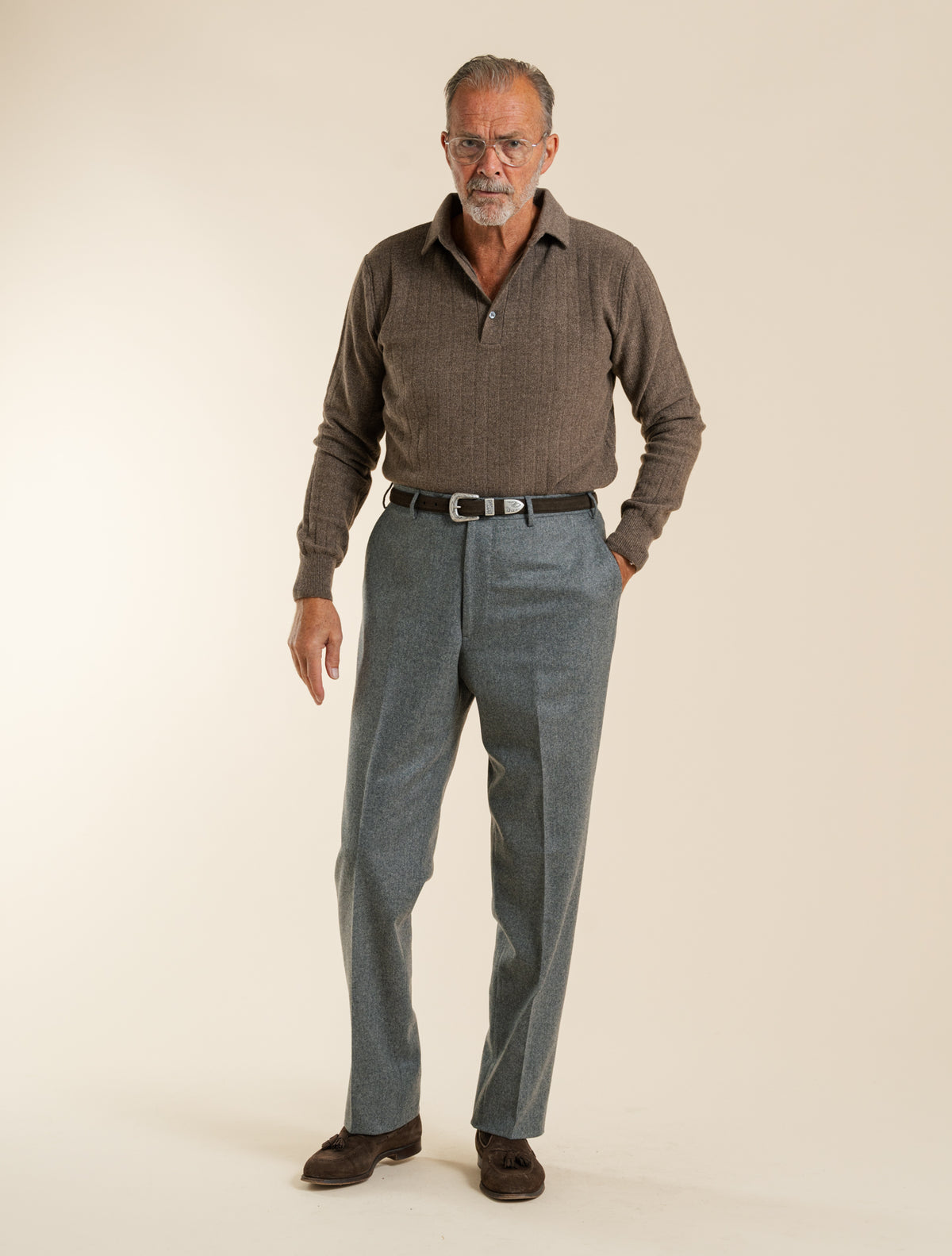 Flat Front 130 Flannel Wool Trousers Grey