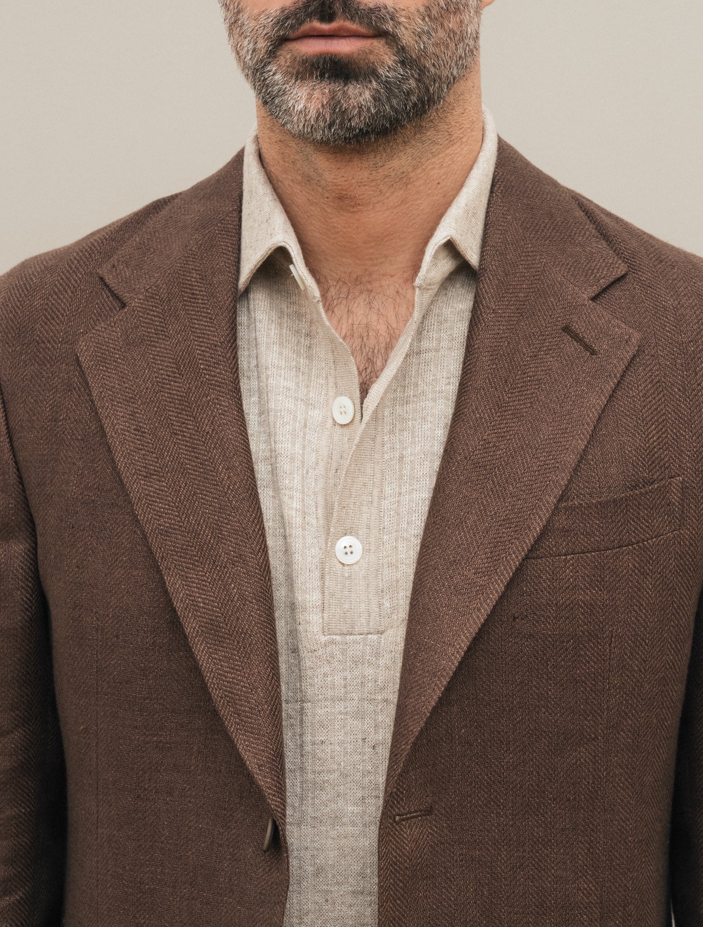 Single Breasted Linen Herringbone Jacket Brown