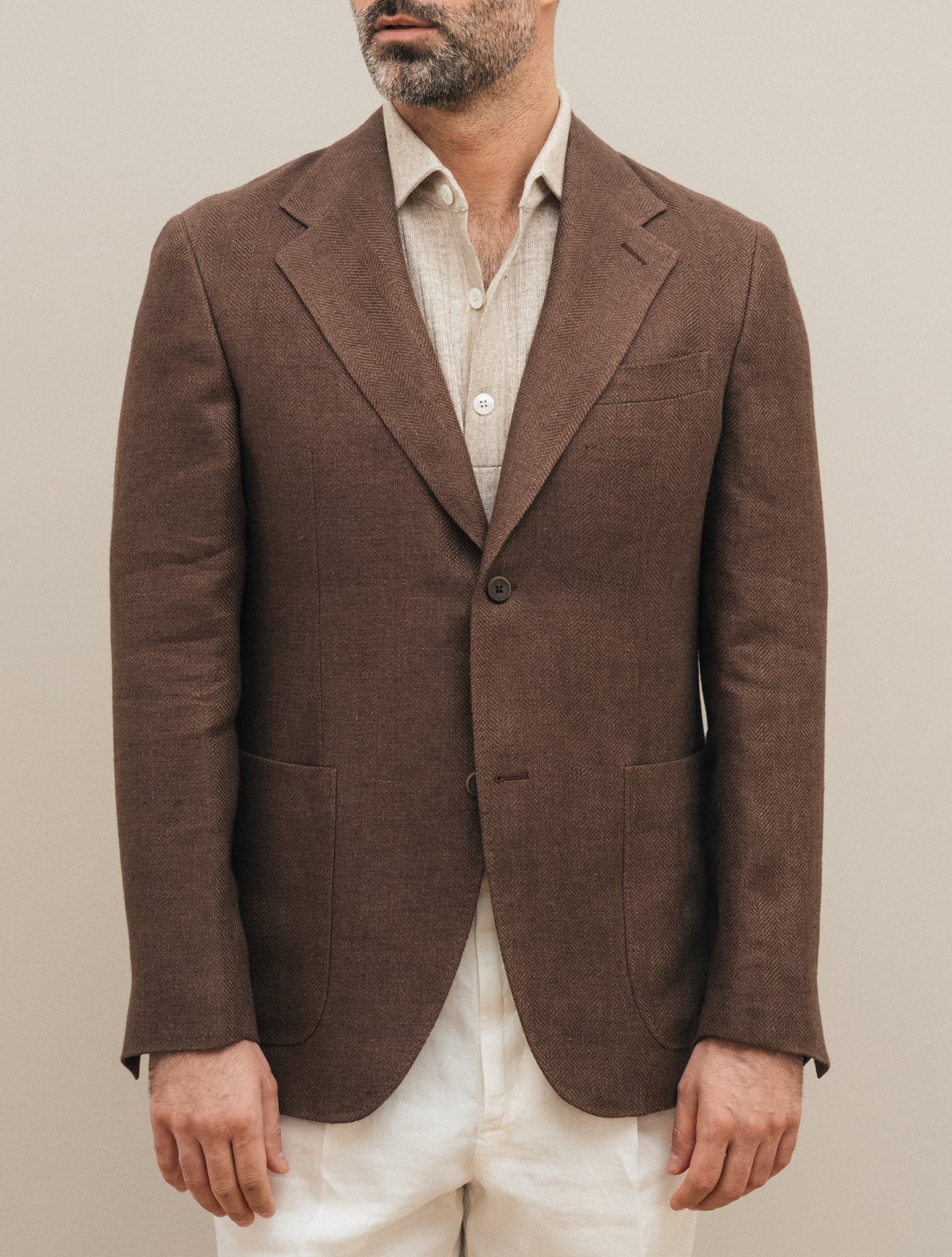 Single Breasted Linen Herringbone Jacket Brown