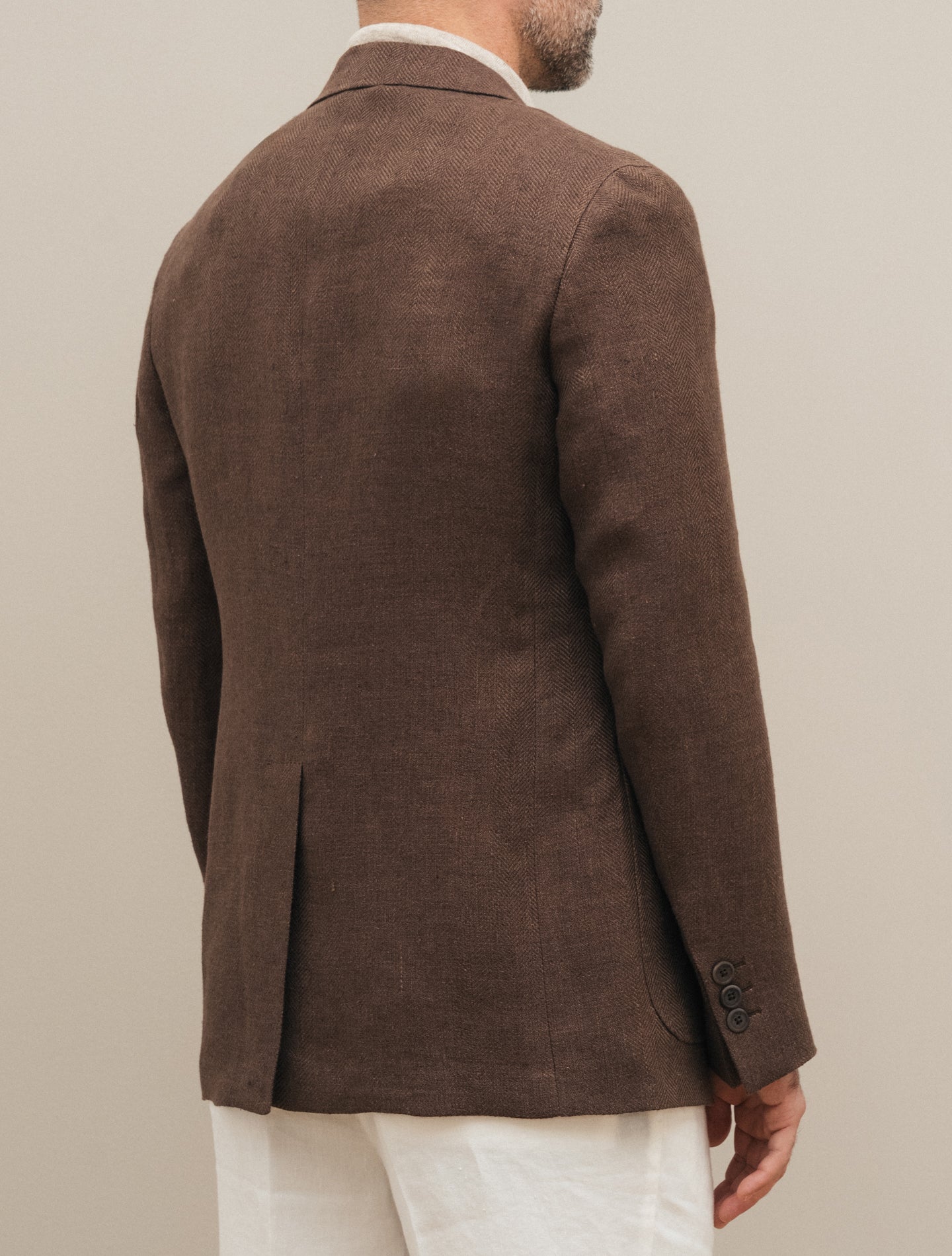 Single Breasted Linen Herringbone Jacket Brown