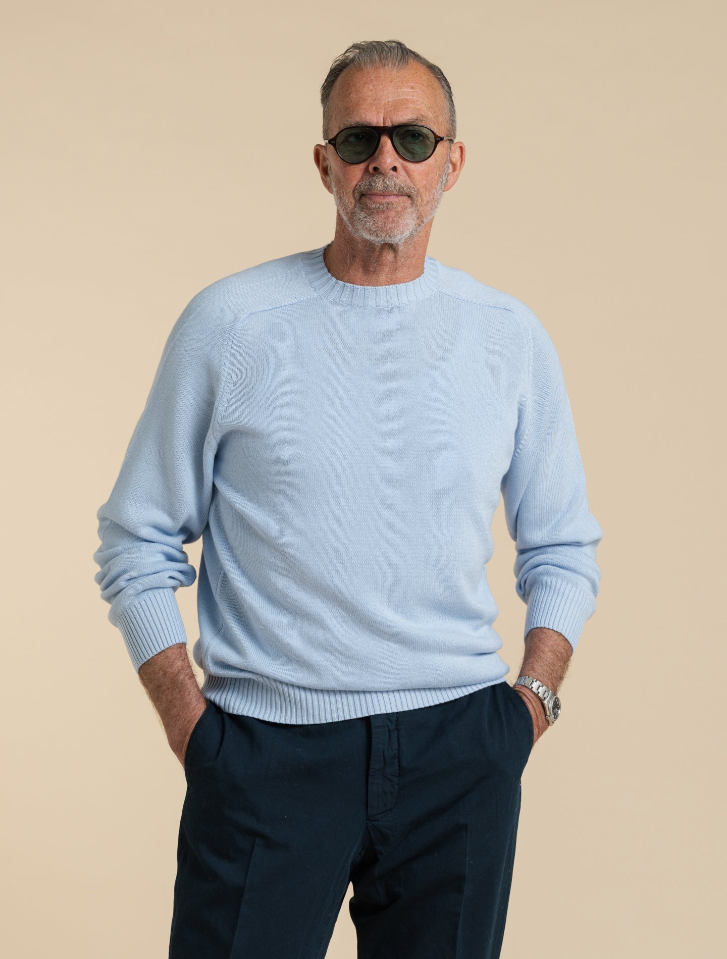 Cotton Cashmere Saddle Shoulder Crewneck Light Blue