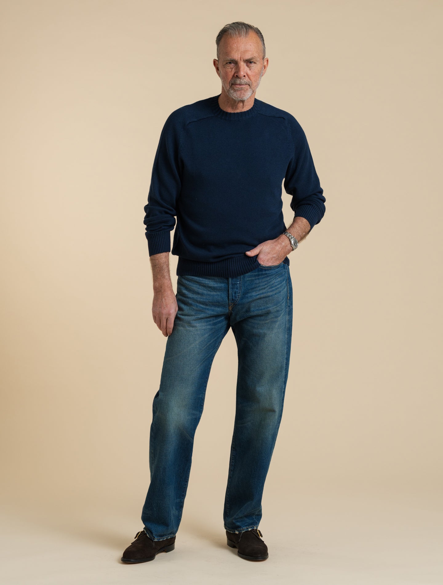 Cotton Cashmere Saddle Shoulder Crewneck Navy