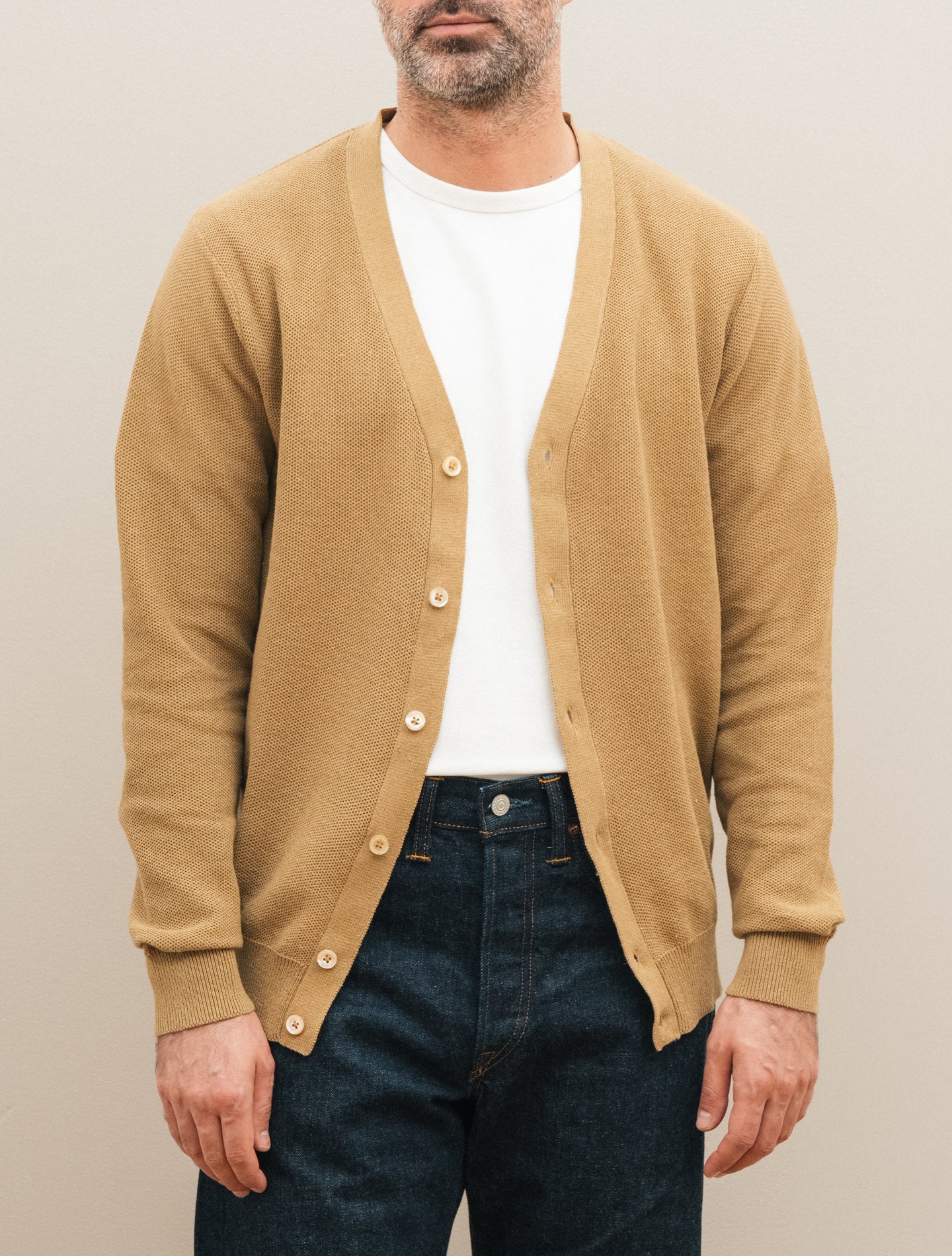 Honeycomb Stitch Cotton Cardigan Beige