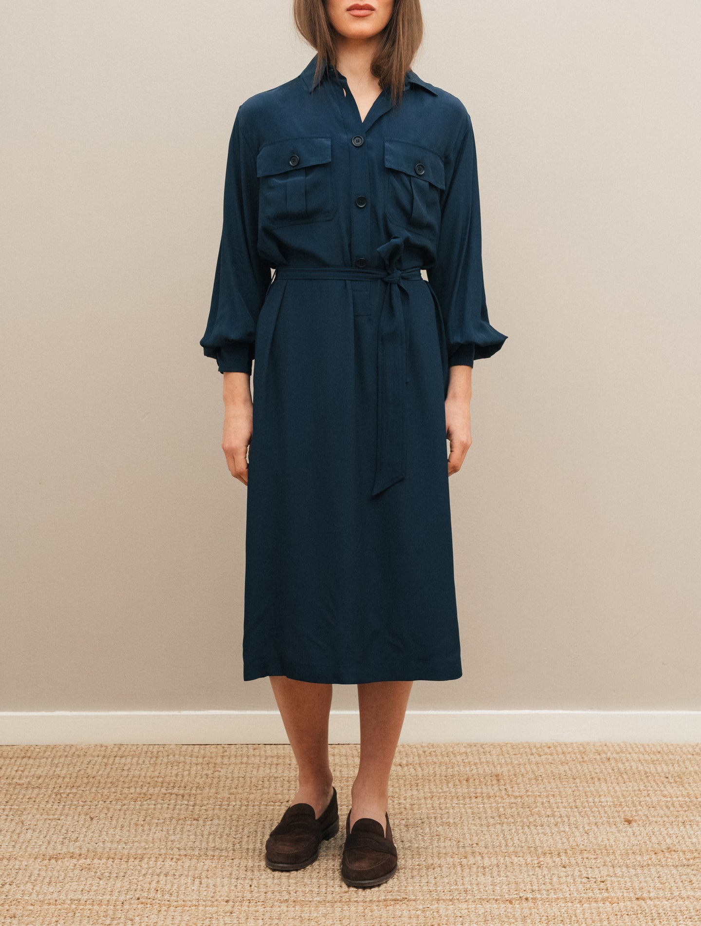 Crepe Silk Shirt Dress Navy
