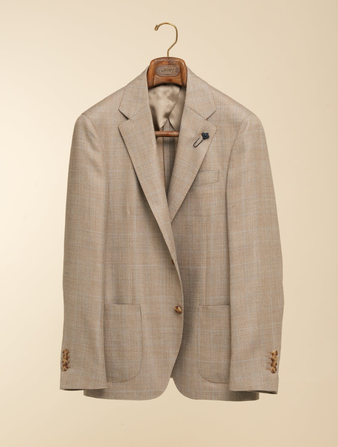 Single Breasted Checked Wool Silk Linen Jacket Beige