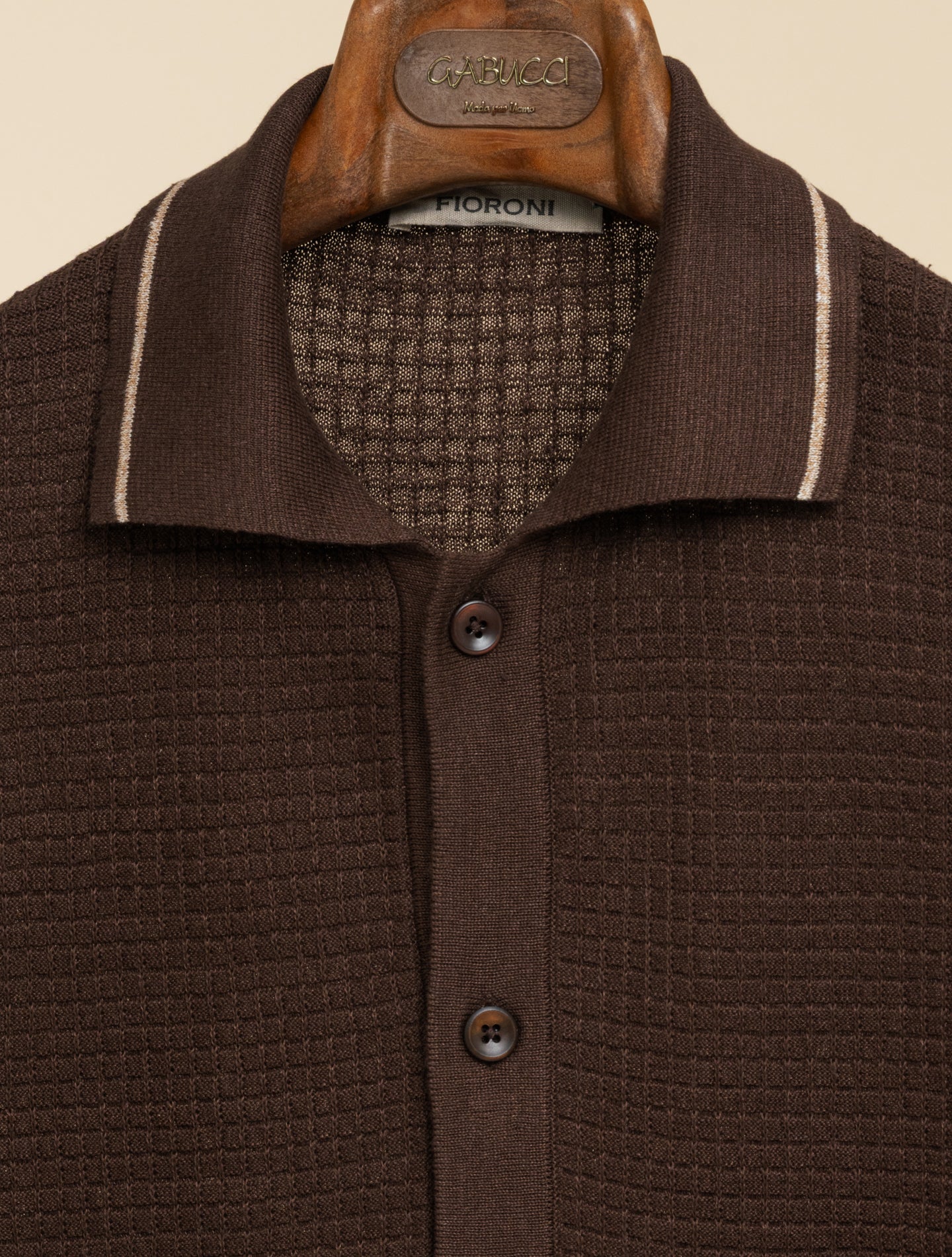 Textured Knit Polo Shirt Short Sleeve Brown