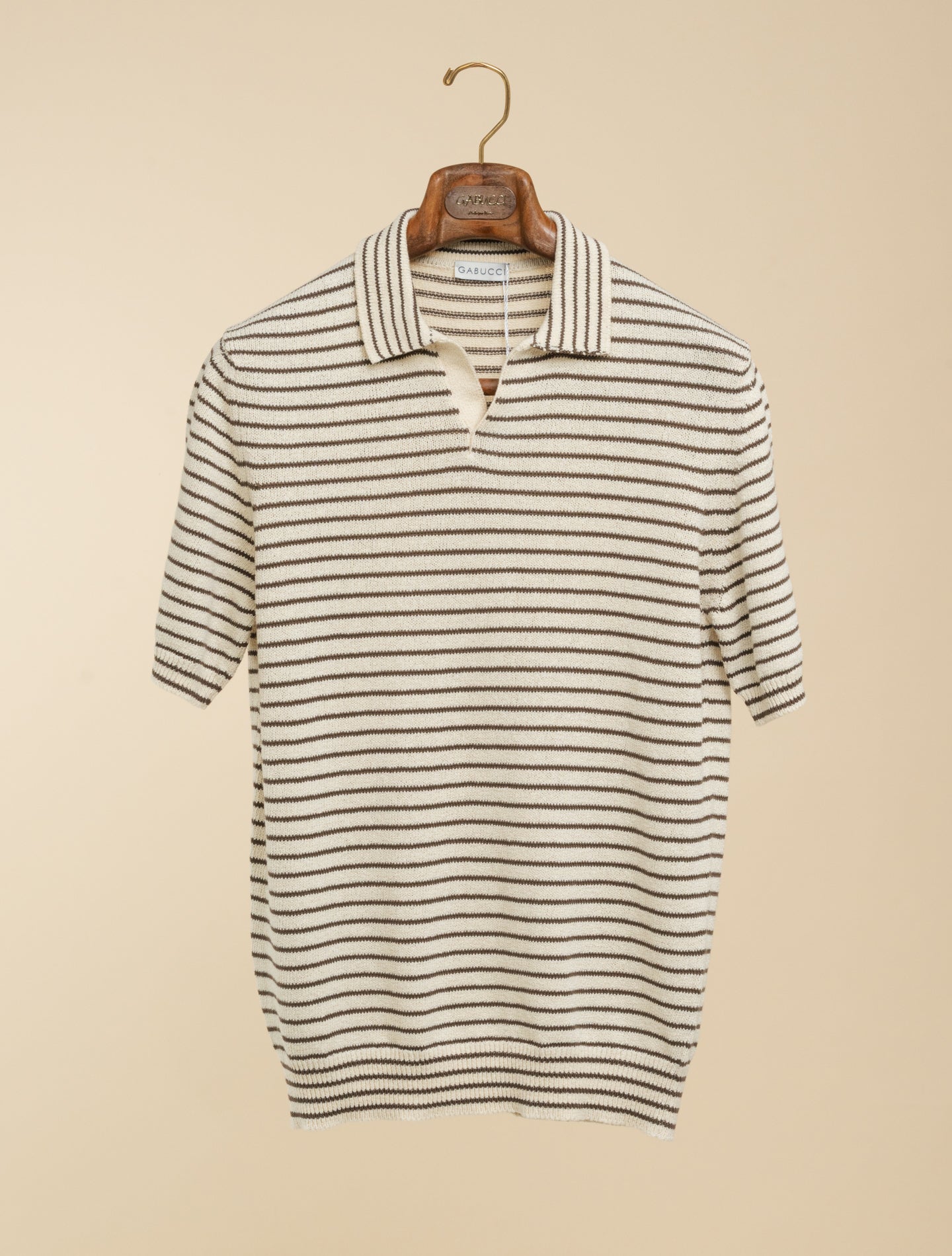 Striped Cotton Cashmere Polo Shirt Short Sleeve Brown