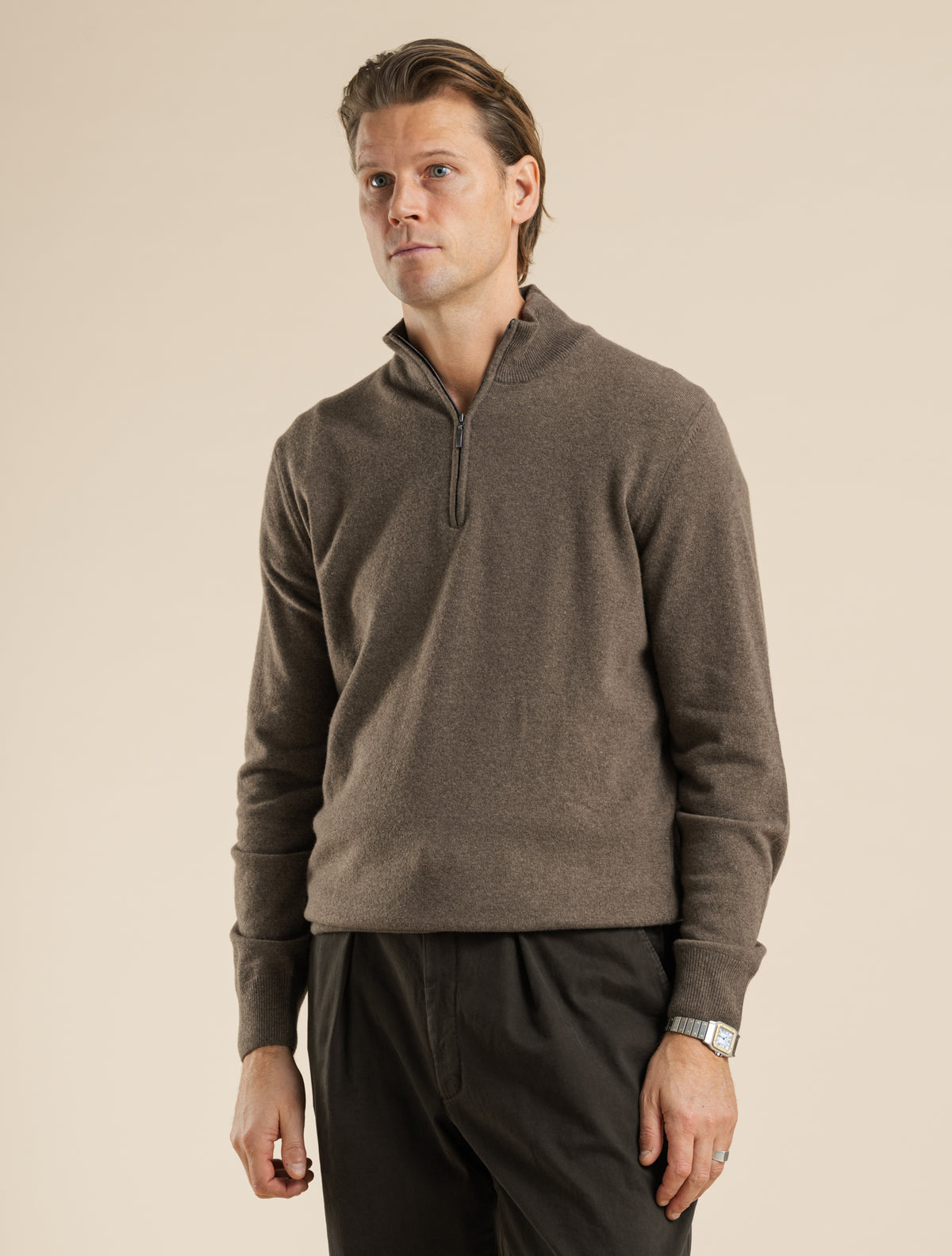 Strickpullover aus Wolle und Kaschmir mit 1/4 Reißverschluss, Kakao
