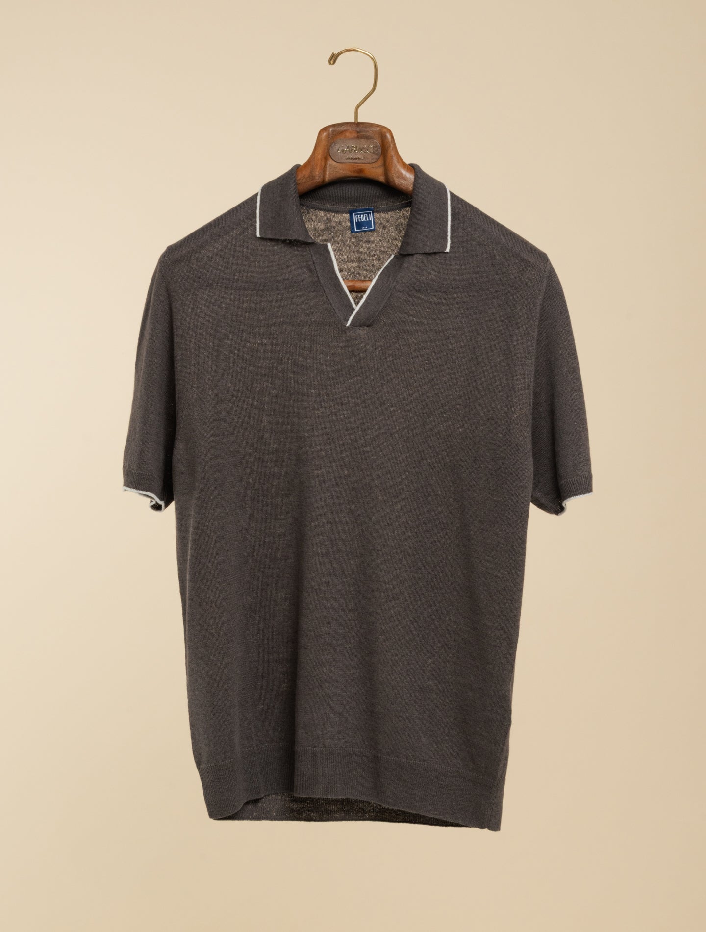 Delta Cotton Linen V-Neck Knit Polo Shirt Brown