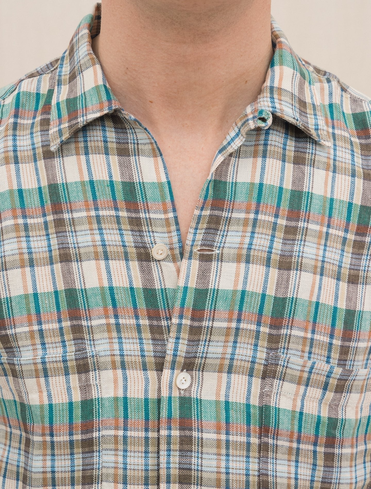 Baia Checked Linen Shirt Short Sleeve Beige Finamore Shirts S