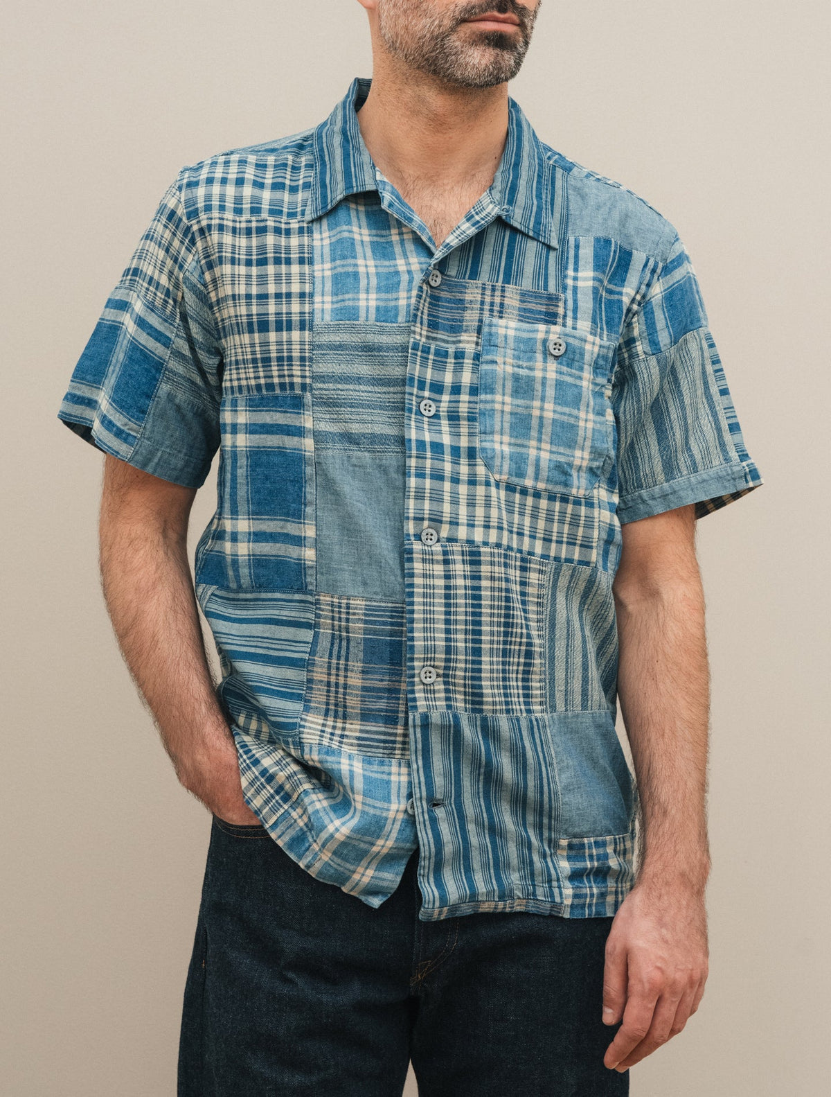 RRL Camp Shirt Indigo Patchwork | Rugged Luxury & Craft | Gabucci