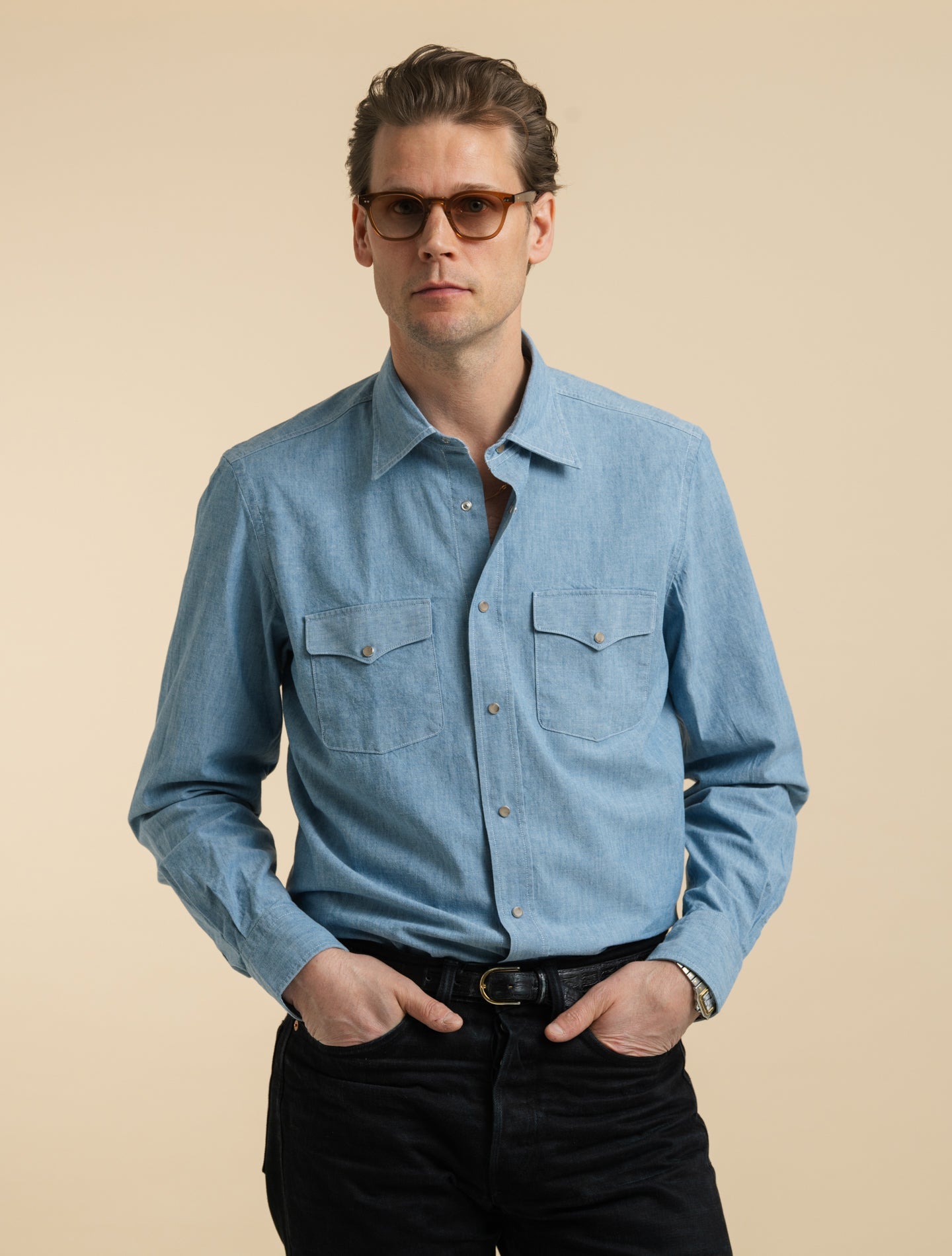Chambray Snap Button Shirt Bleached Mazzarelli Shirts 38