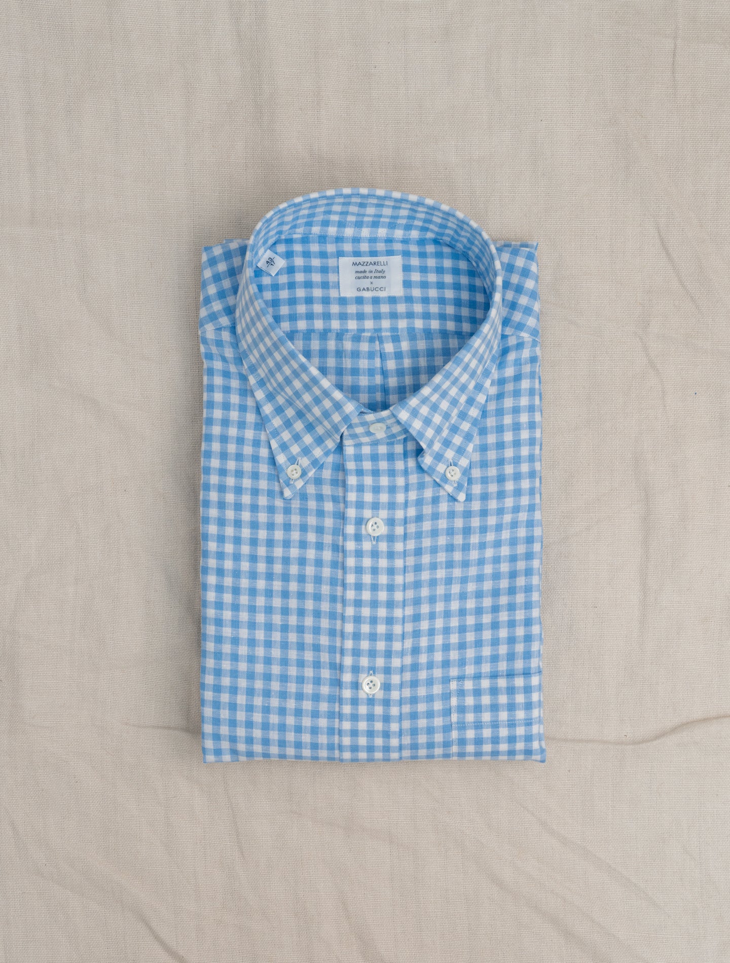 Cotton Linen IVY Fit Shirt Blue Check Mazzarelli Shirts 38