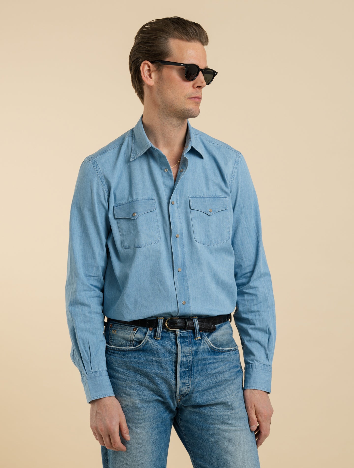 Denim Snap Button Shirt Blue Mazzarelli Shirts 38
