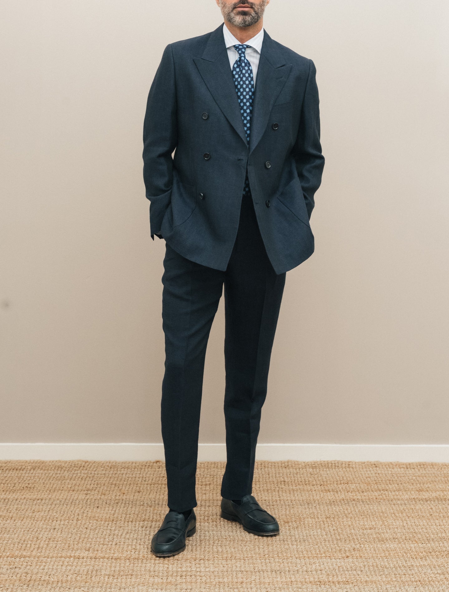 Double Breasted Herringbone Linen Suit Navy Lardini Suits 48
