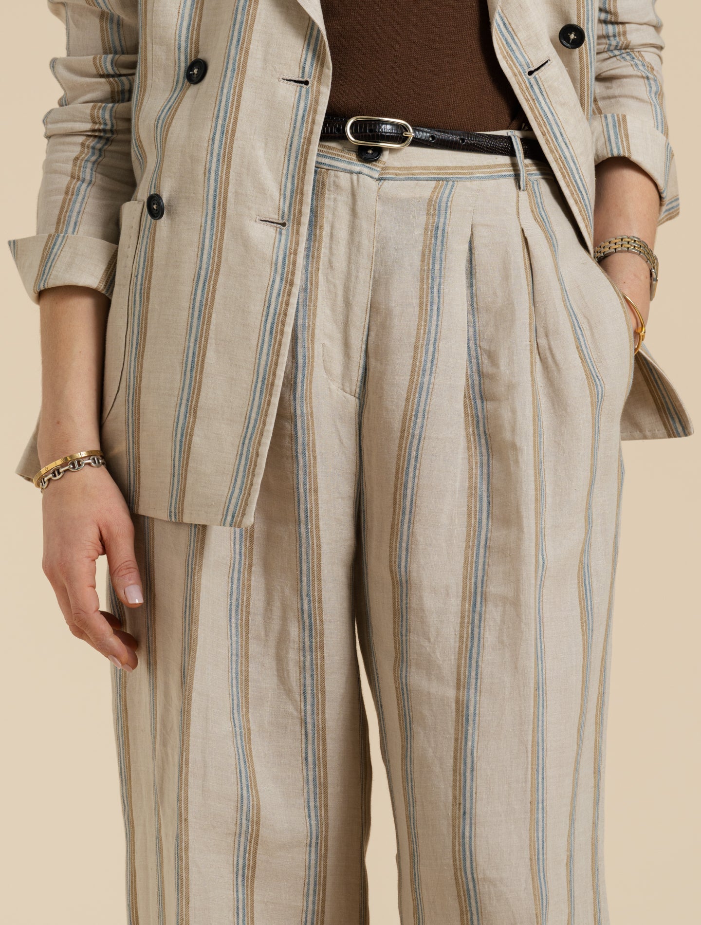 Double Breasted Striped Linen Jacket Beige Massimo Alba Jackets XS