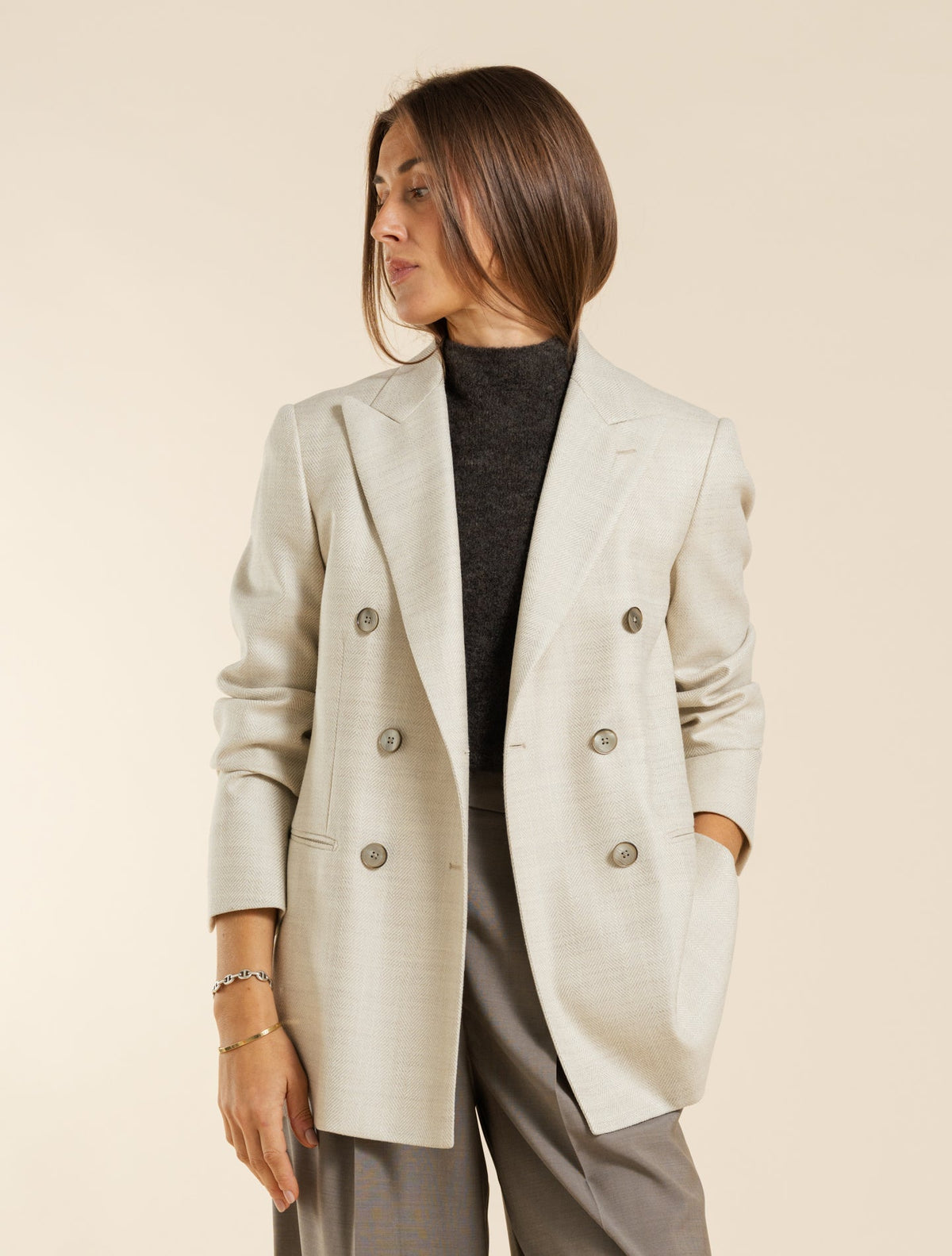 Double Breasted Wool Silk Herringbone Jacket Beige Lardini Jackets IT 40