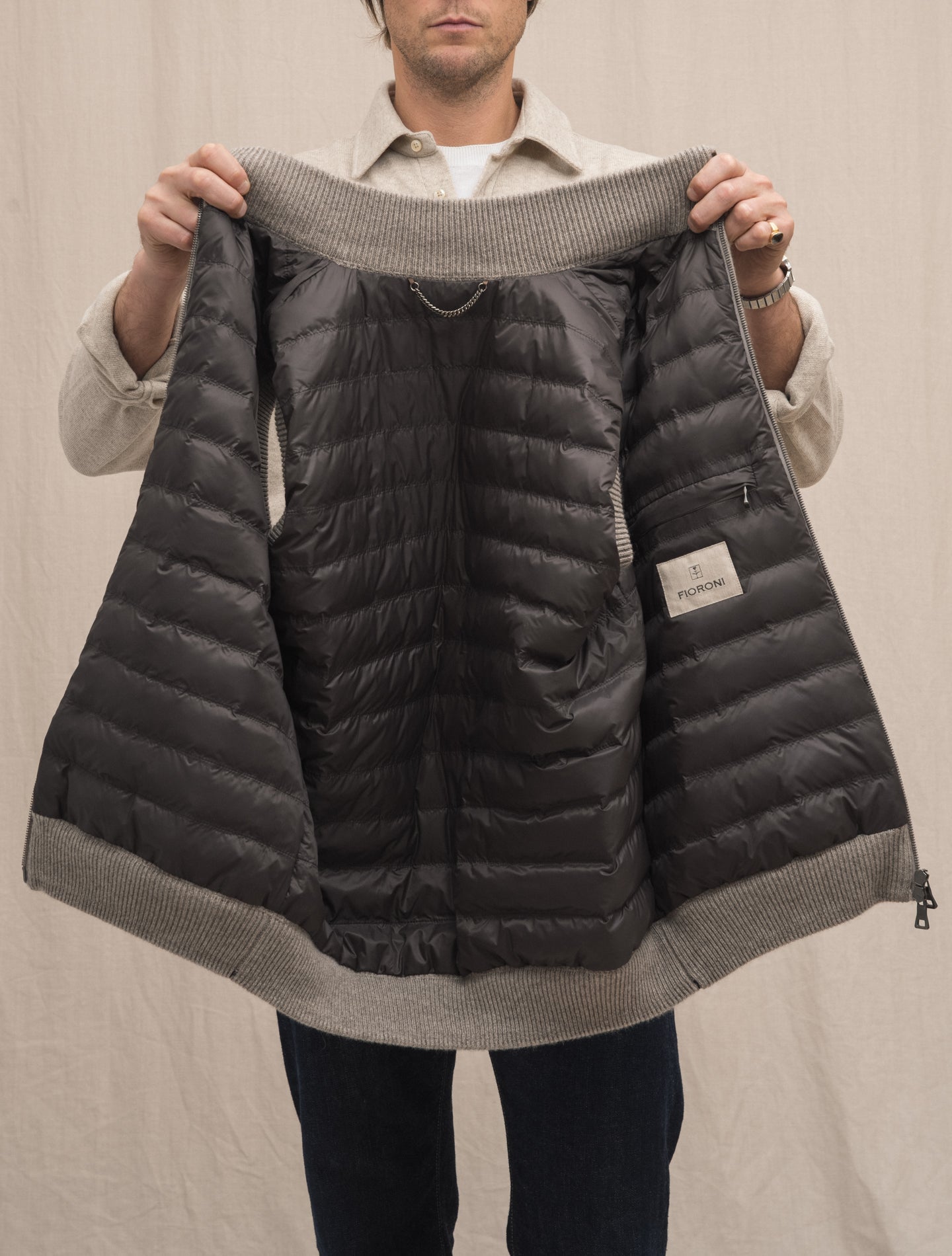 Down Padded Rib Knitted Cashmere Vest Greige Fioroni Outerwear 50