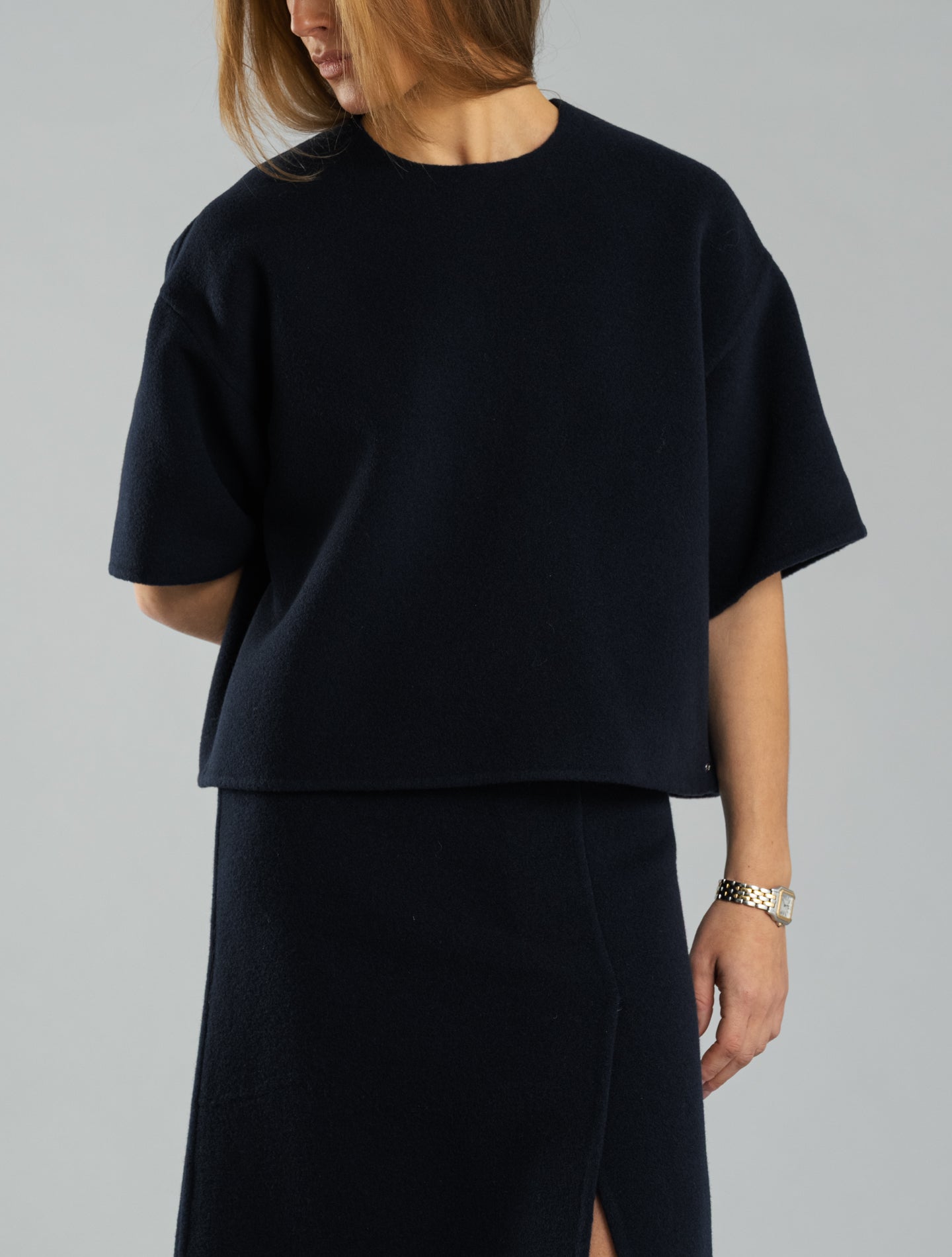 Emerald Wool Cashmere Short Sleeve Top Navy Fedeli Blouses IT 40