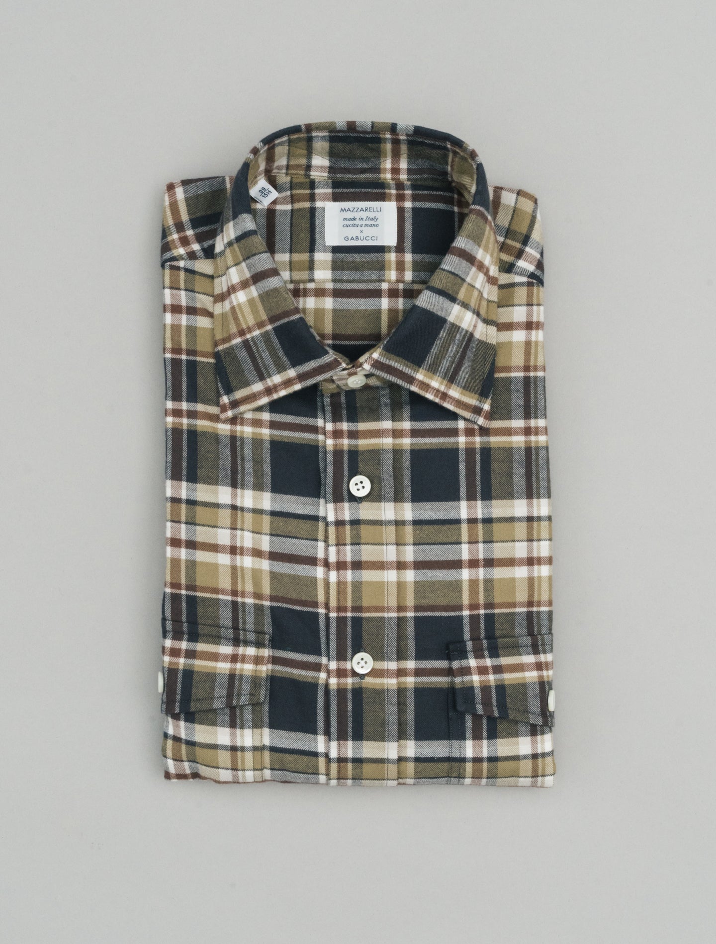 Flannel Checked Double Pockets Cut Away Shirt Brown Mazzarelli Shirts 38