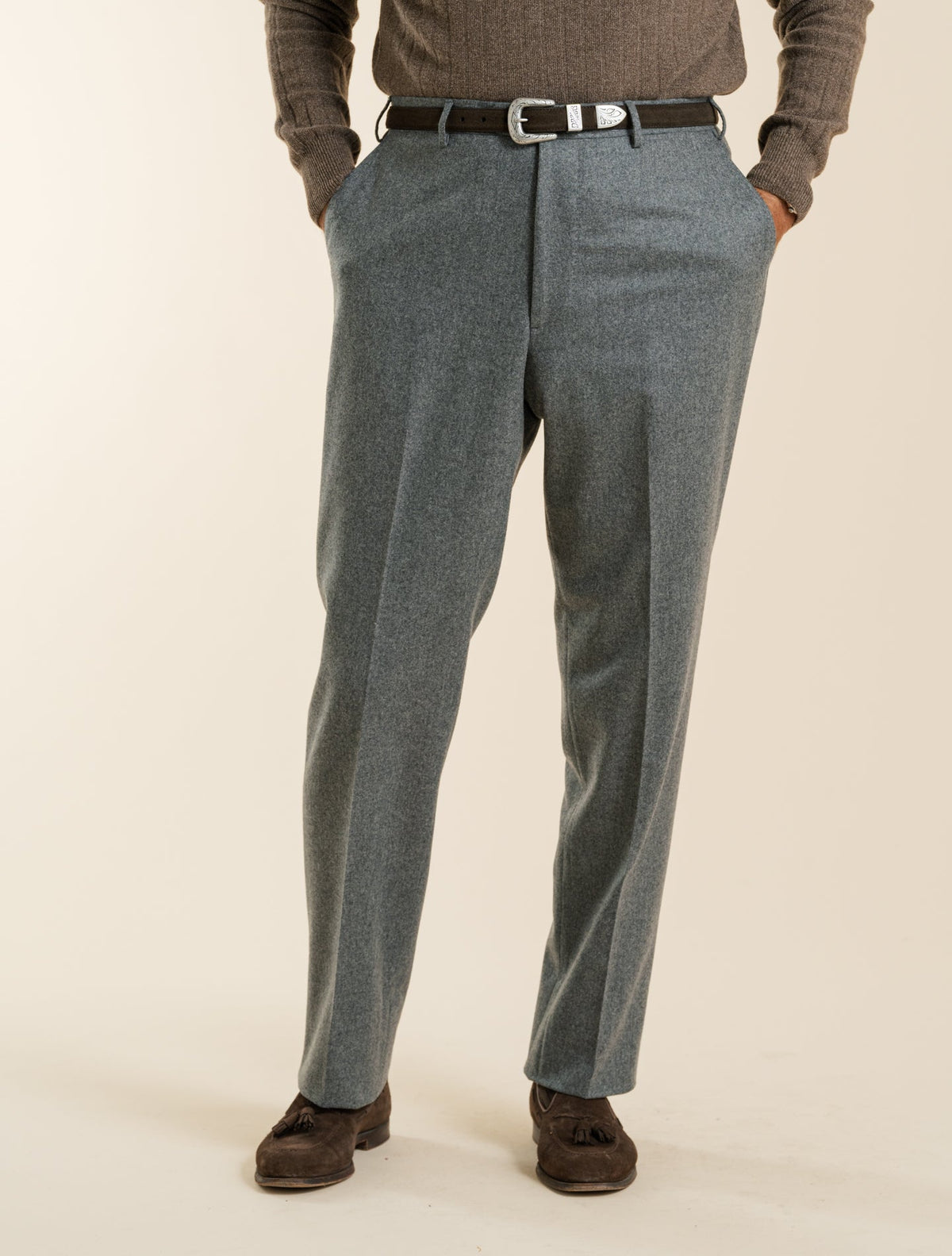 Flat Front 130 Flannel Wool Trousers Grey Santaniello Trousers 48