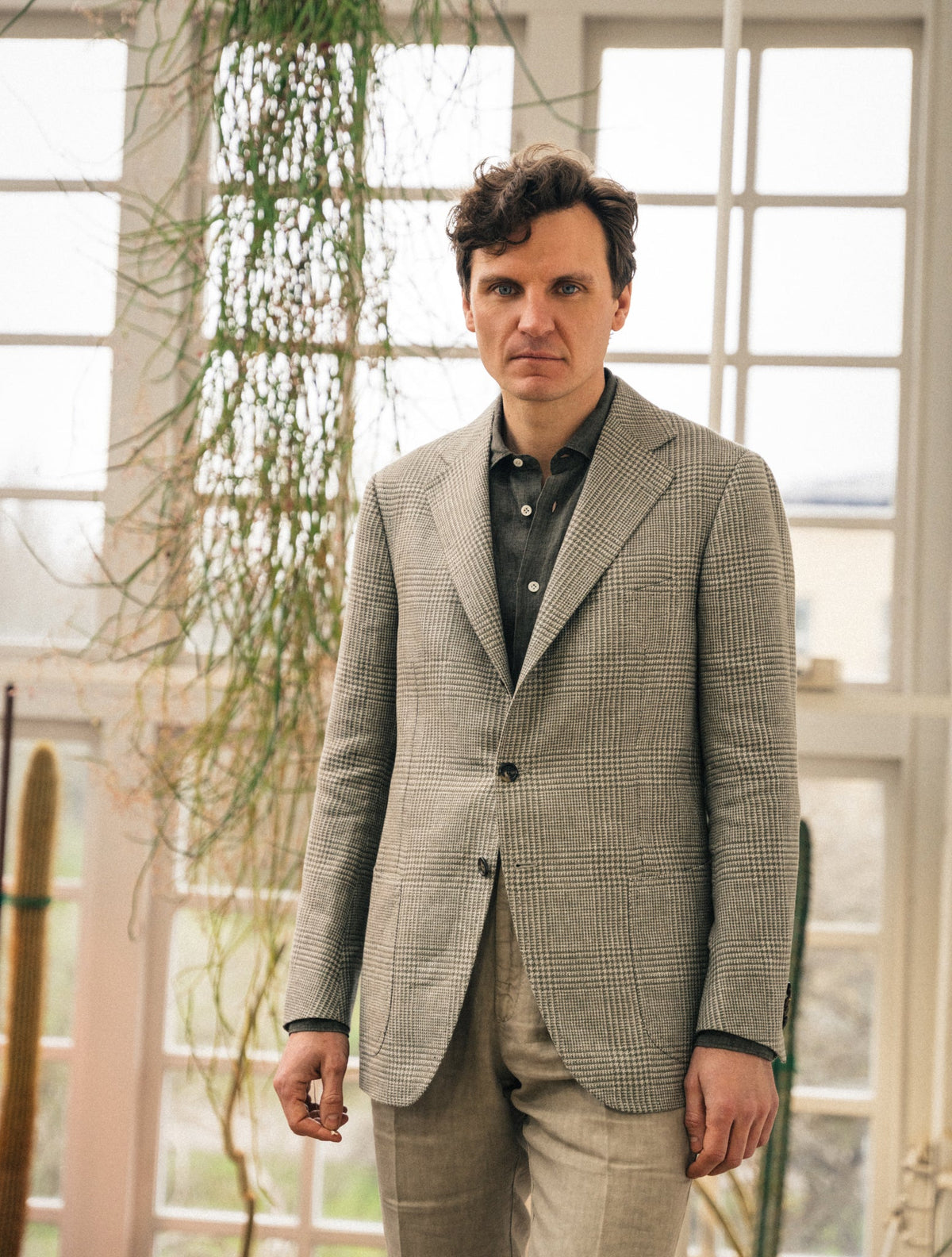 Handmade Glencheck Linen Wool Silk Jacket Green