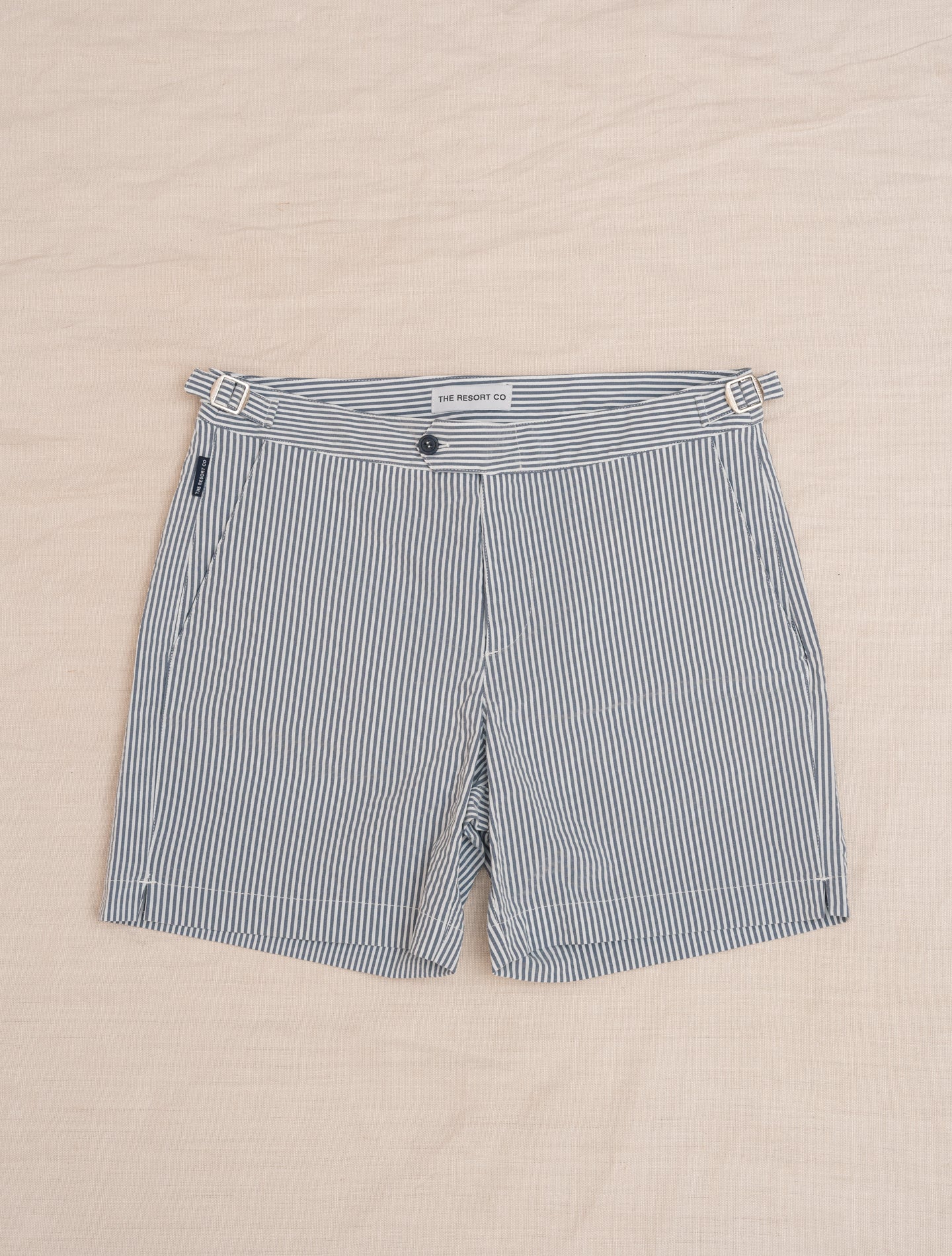 Handmade Tailored Swim trunk Navy Seersucker The Resort Co Swimwear 30