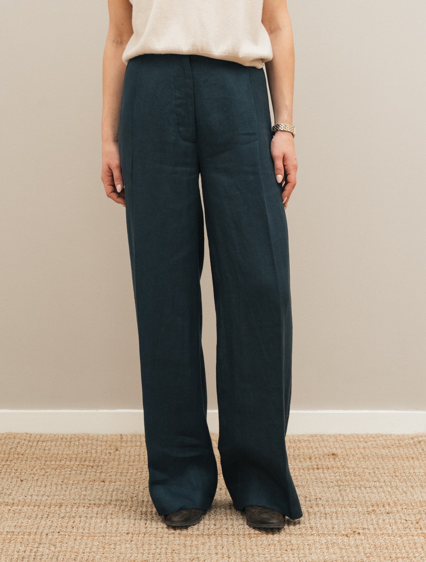 High Waist Linen Twill Trousers Navy Lardini Trousers IT 38