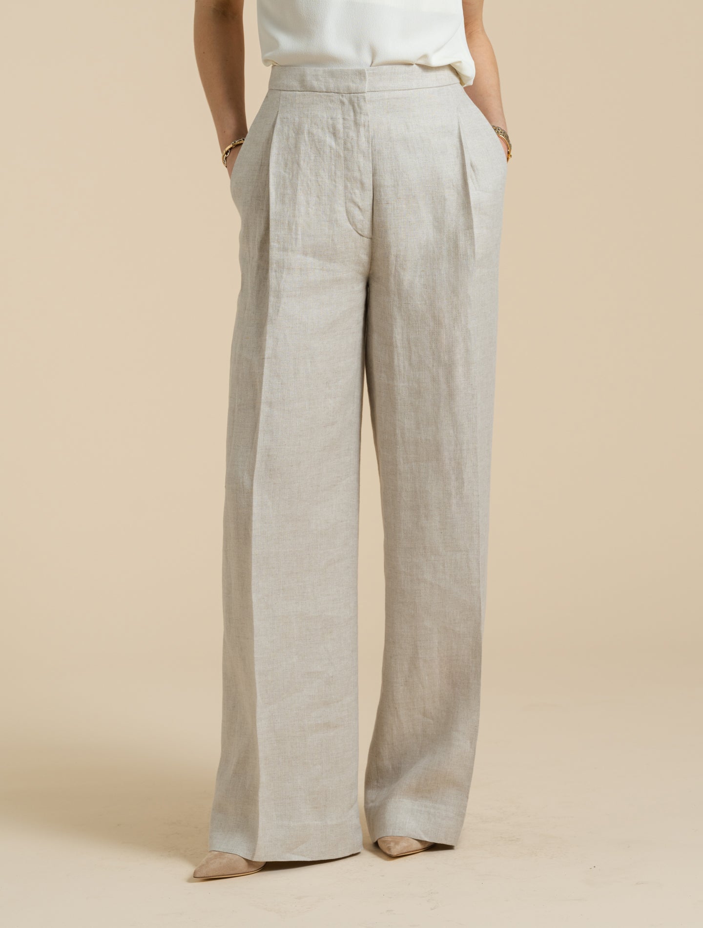 High Waisted Linen Herringbone Trousers Sand Lardini Trousers IT 38