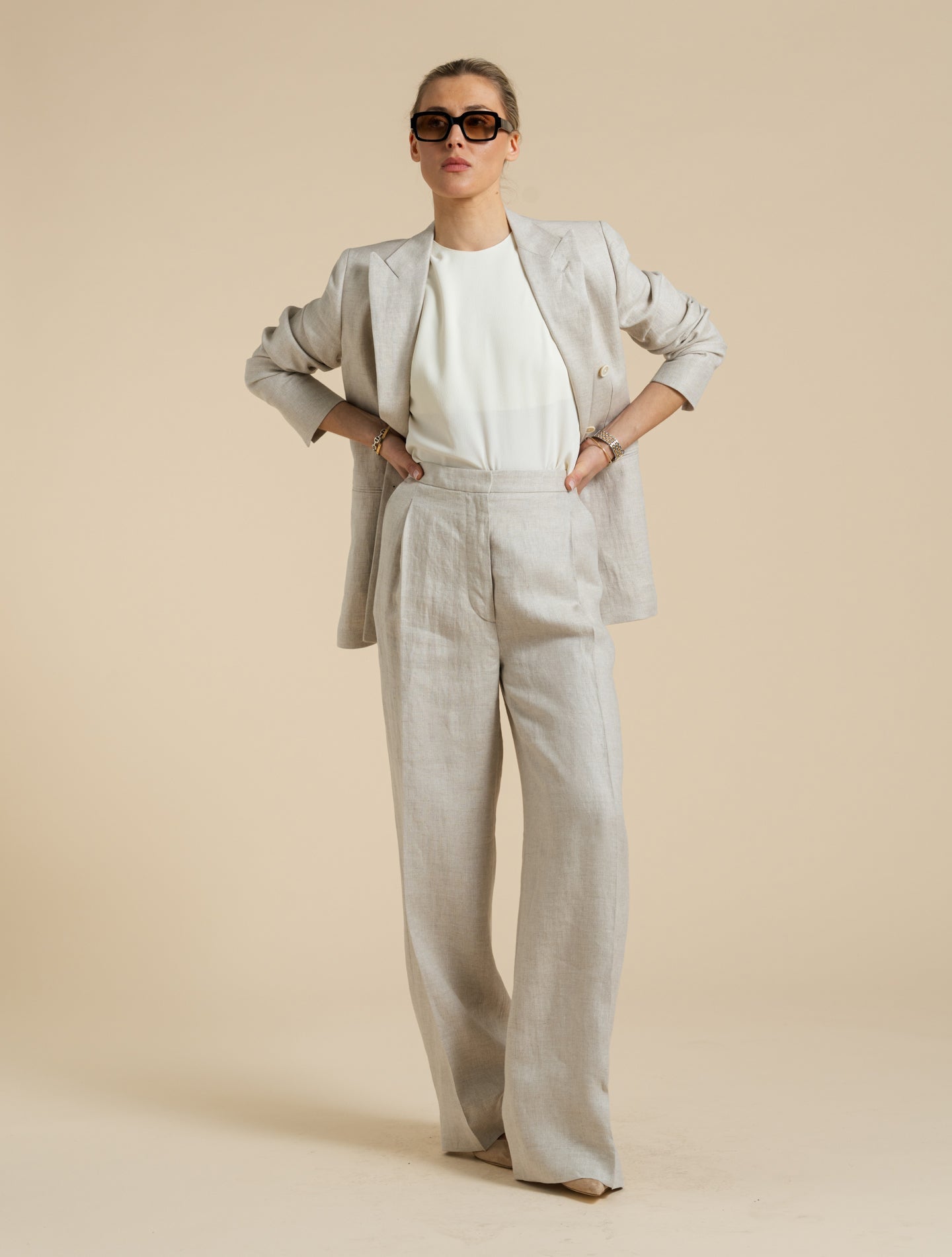 High Waisted Linen Herringbone Trousers Sand Lardini Trousers IT 38