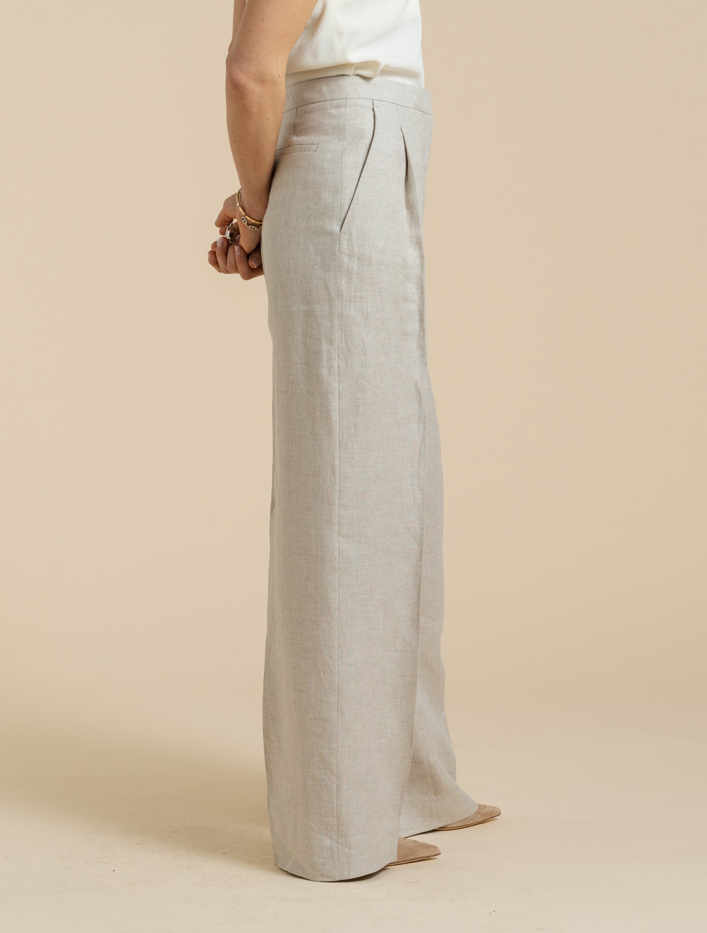 High Waisted Linen Herringbone Trousers Sand Lardini Trousers IT 38