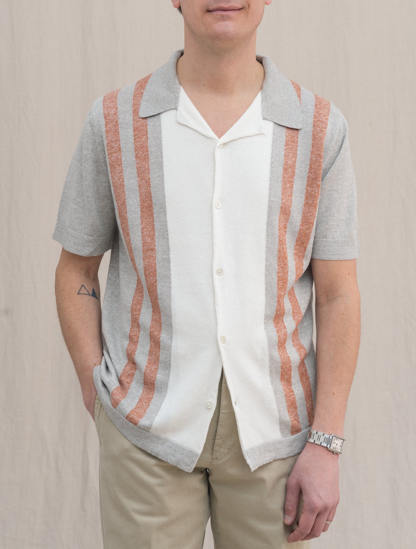 Knitted Bowling Shirt Short Sleeve Greige Morgano Shirts 46