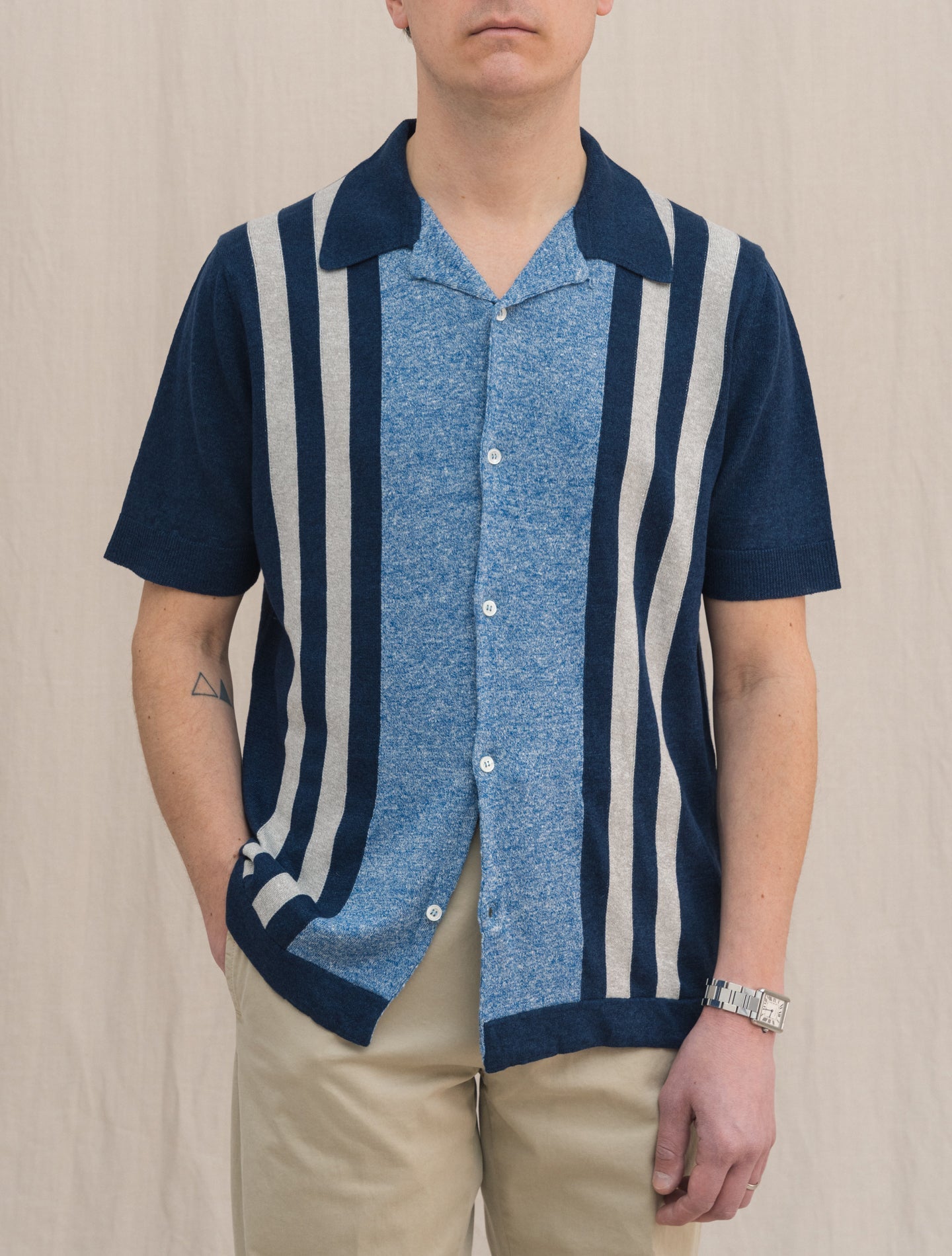 Knitted Bowling Shirt Short Sleeve Navy Morgano Shirts 46