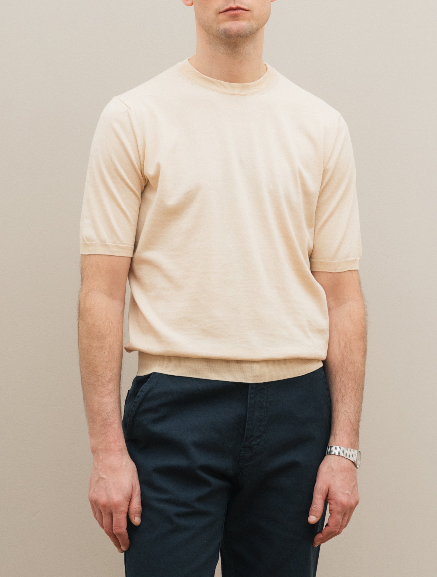 Knitted Italien Cotton Puro Filo T-shirt Ecru Fioroni T-shirts 48